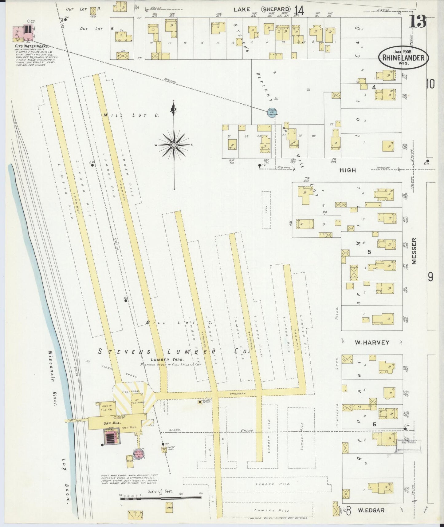 Sanborn Fire Insurance Map from Rhinelander, Oneida County, Wisconsin (1908), Sheet #0013 - Complete Map Set gallery image, historic Sanborn map, vintage wall art, Wisconsin Wisconsin
