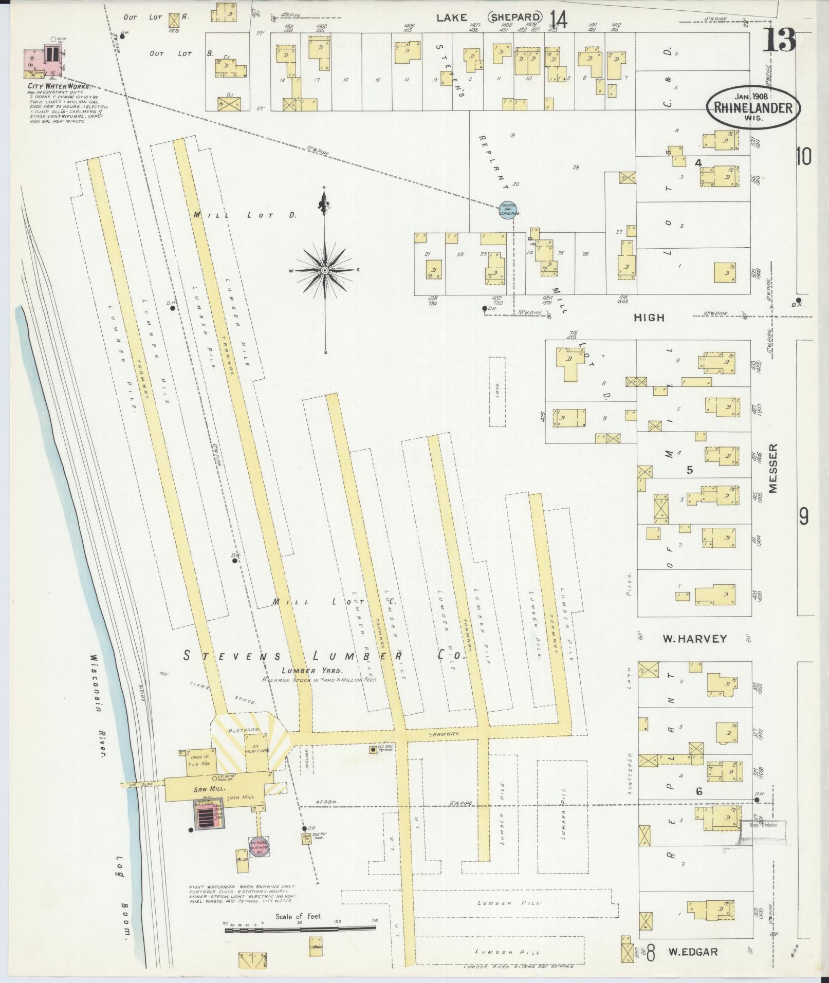 Sanborn Fire Insurance Map from Rhinelander, Oneida County, Wisconsin (1908), Sheet #0013 - Complete Map Set gallery image, historic Sanborn map, vintage wall art, Wisconsin Wisconsin
