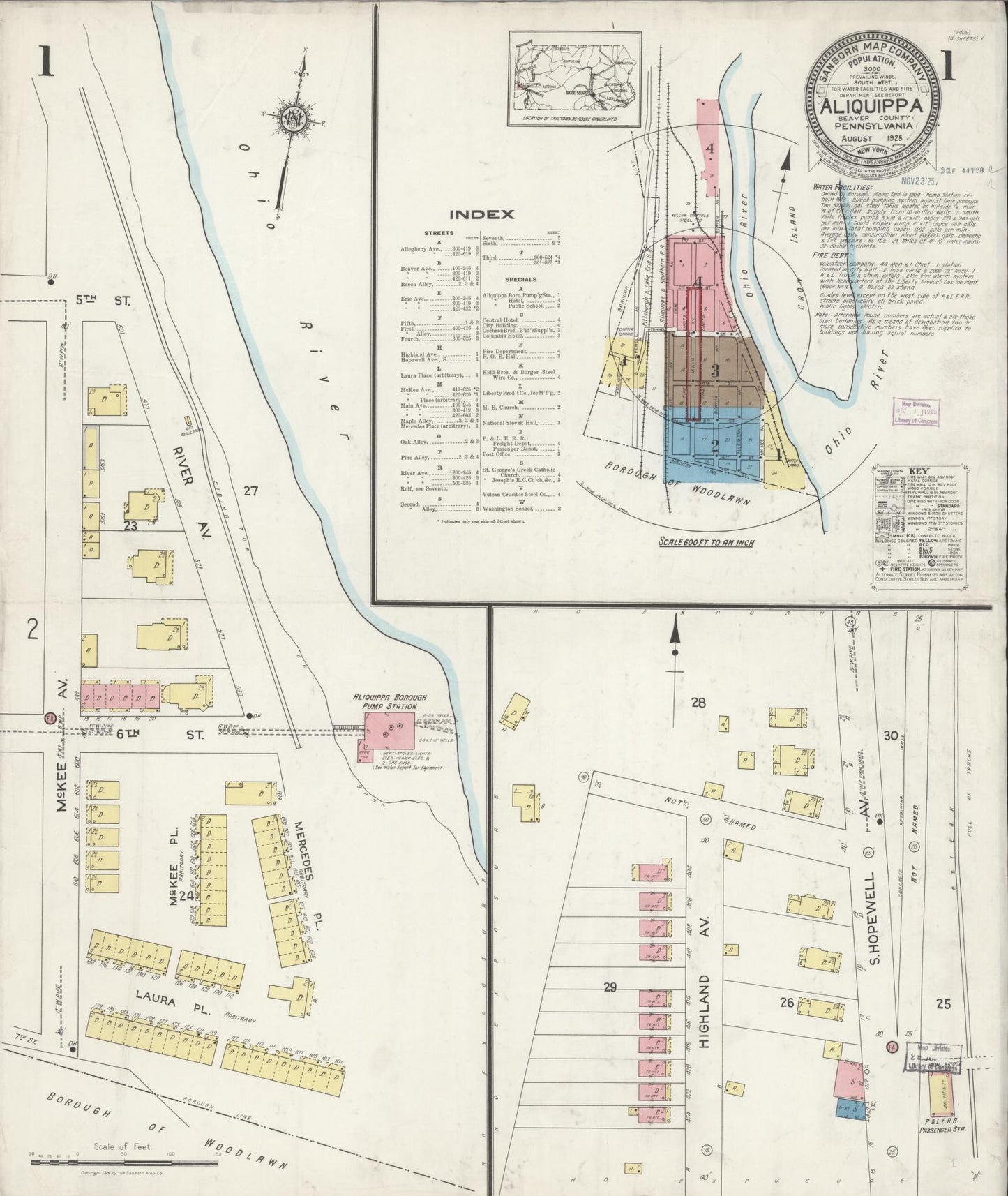 Sanborn Fire Insurance Map from Aliquippa, Beaver County, Pennsylvania (1925), Sheet #0001 - Historic Sanborn Fire Insurance Map Print, vintage old map wall art, antique decor, genealogy gift, Pennsylvania Pennsylvania map