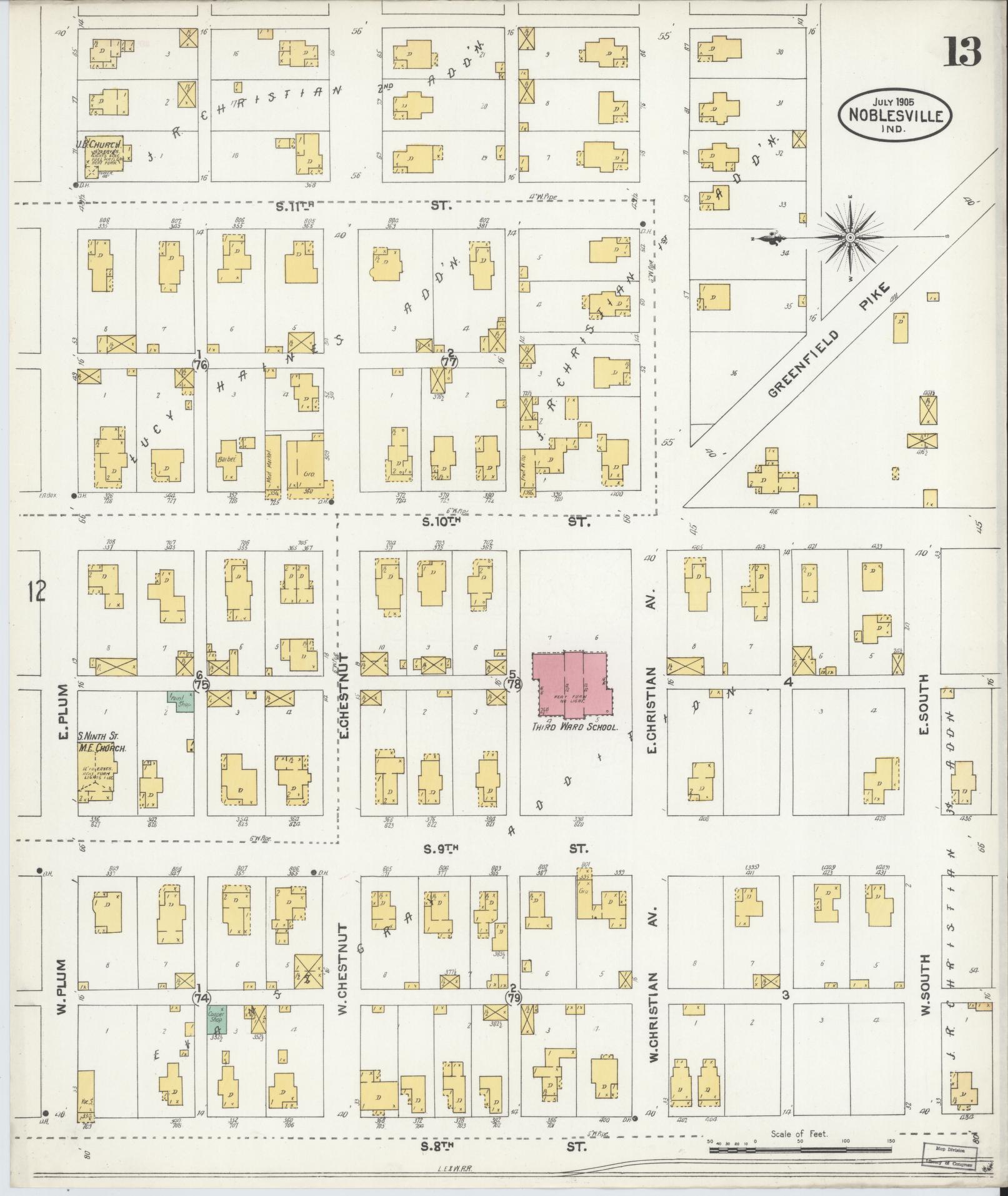 Sanborn Fire Insurance Map from Noblesville, Hamilton County, Indiana (1905), Sheet #0013 - Complete Map Set gallery image, historic Sanborn map, vintage wall art, Indiana Indiana