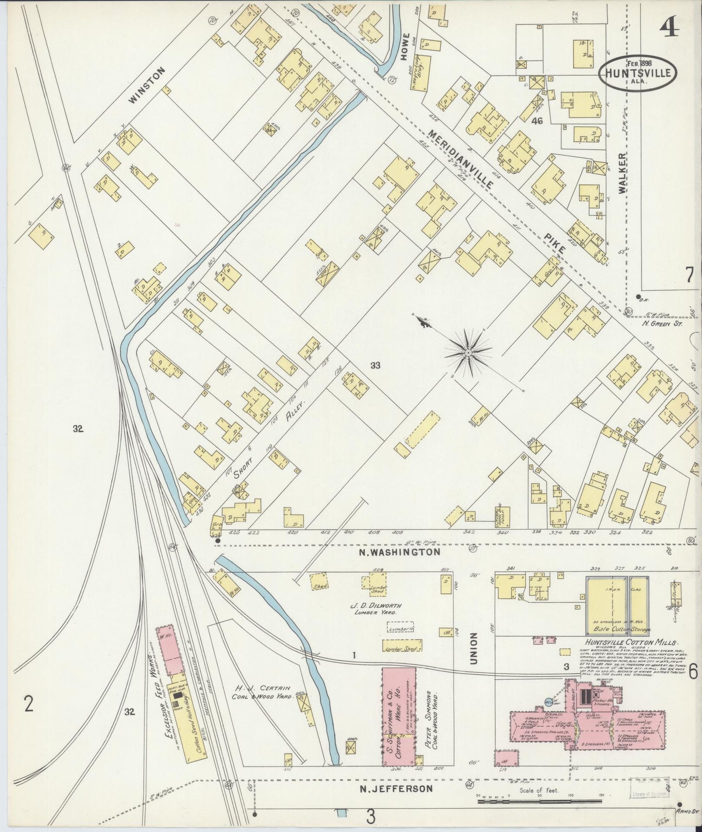 Sanborn Fire Insurance Map from Huntsville, Madison County, Alabama (1898), Sheet #0004 - Historic Sanborn Fire Insurance Map Print, vintage old map wall art, antique decor, genealogy gift, Alabama Alabama map