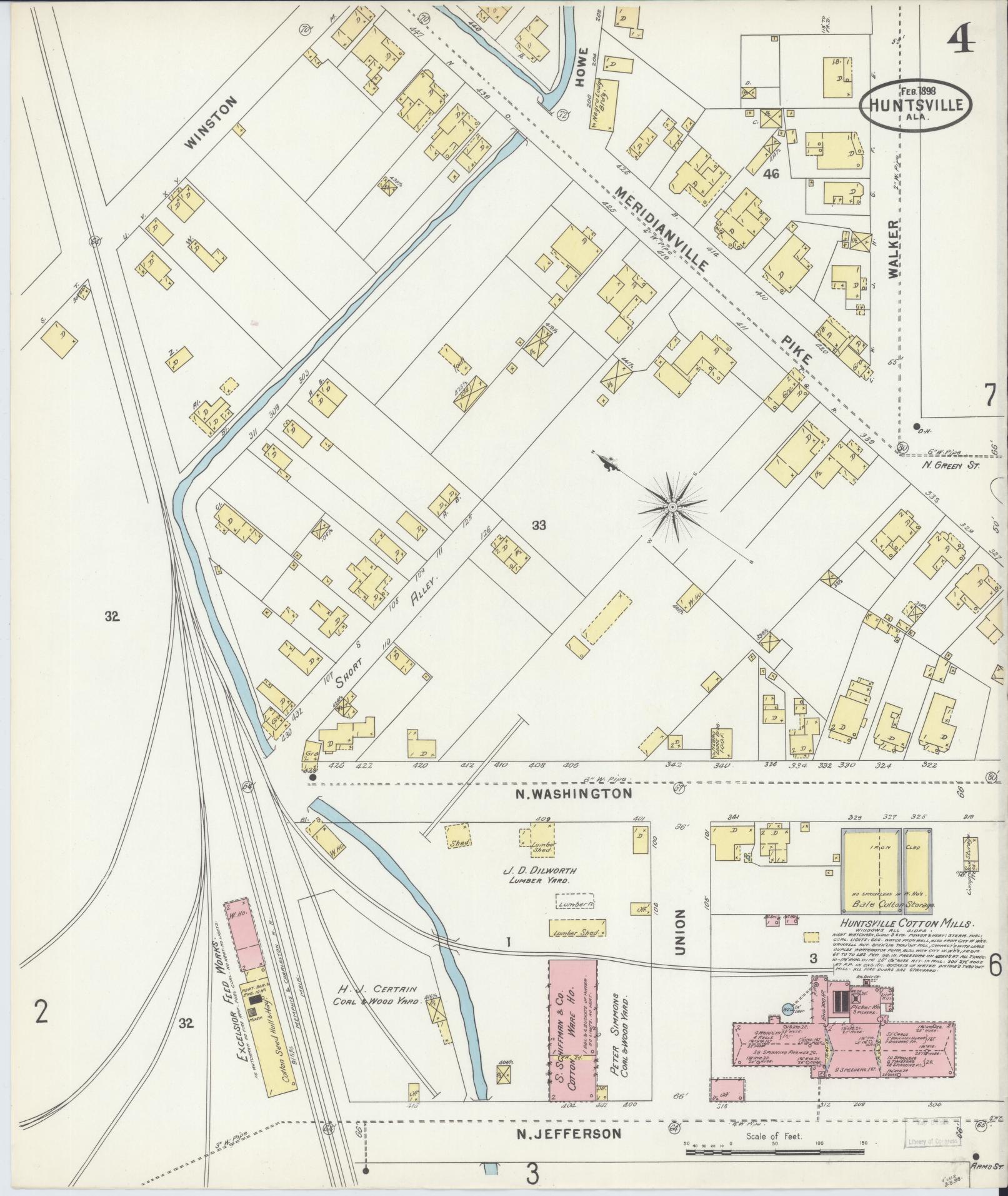 Sanborn Fire Insurance Map from Huntsville, Madison County, Alabama (1898), Sheet #0004 - Historic Sanborn Fire Insurance Map Print, vintage old map wall art, antique decor, genealogy gift, Alabama Alabama map