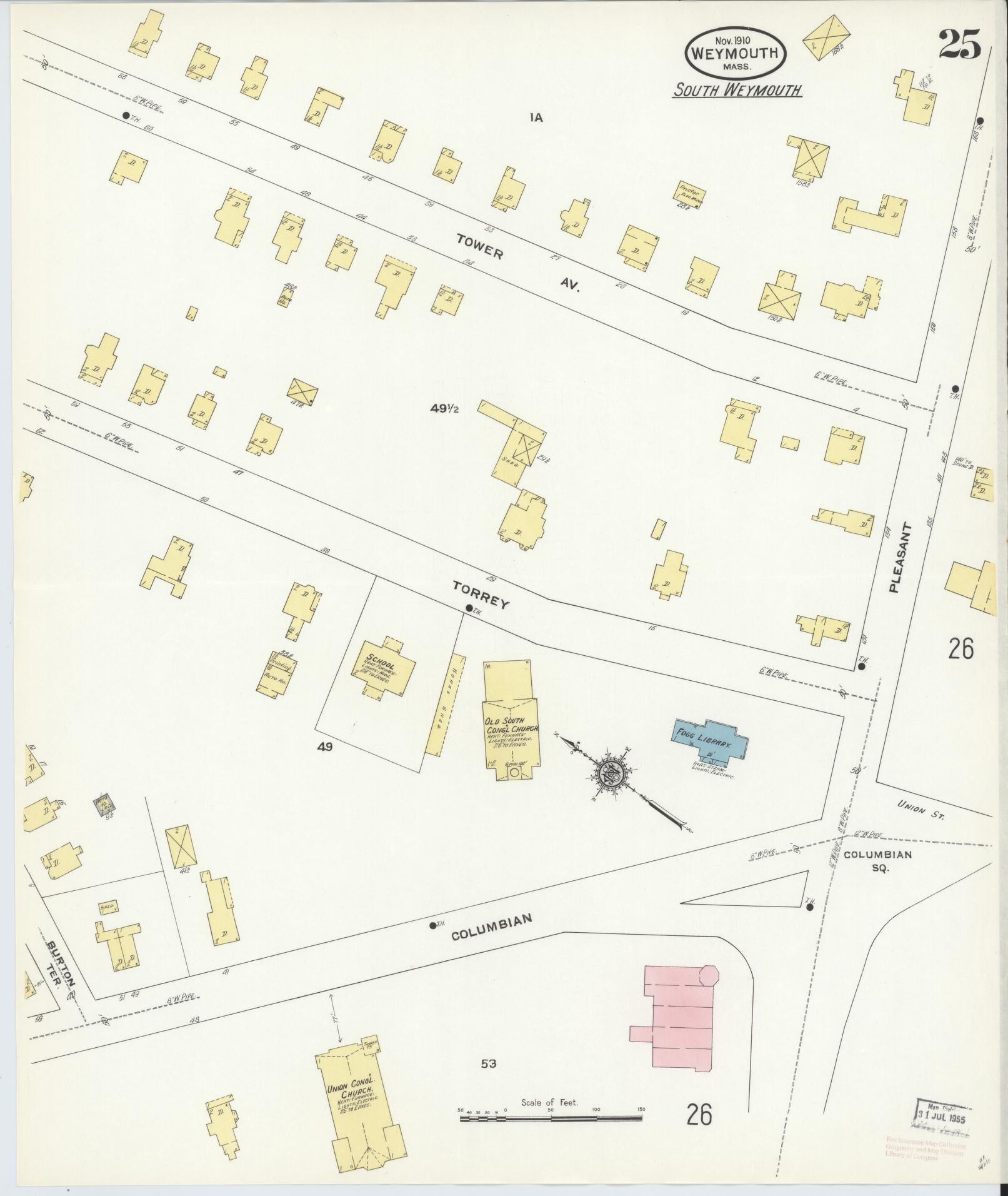 Sanborn Fire Insurance Map from Weymouth, Norfolk County, Massachusetts (1910), Sheet #0025 - Historic Sanborn Fire Insurance Map Print, vintage old map wall art, antique decor, genealogy gift, Massachusetts Massachusetts map