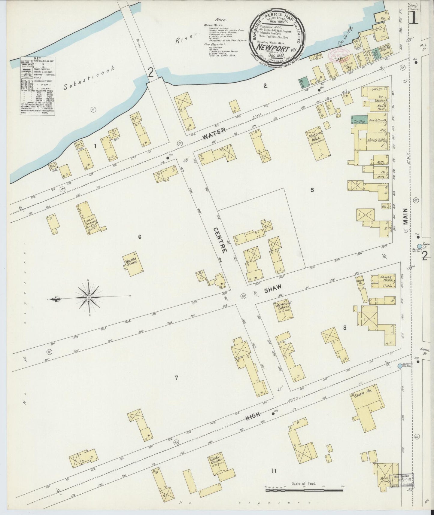 Sanborn Fire Insurance Map from Newport, Penobscot County, Maine (1896), Sheet #0001 - Historic Sanborn Fire Insurance Map Print, vintage old map wall art, antique decor, genealogy gift, Maine Maine map