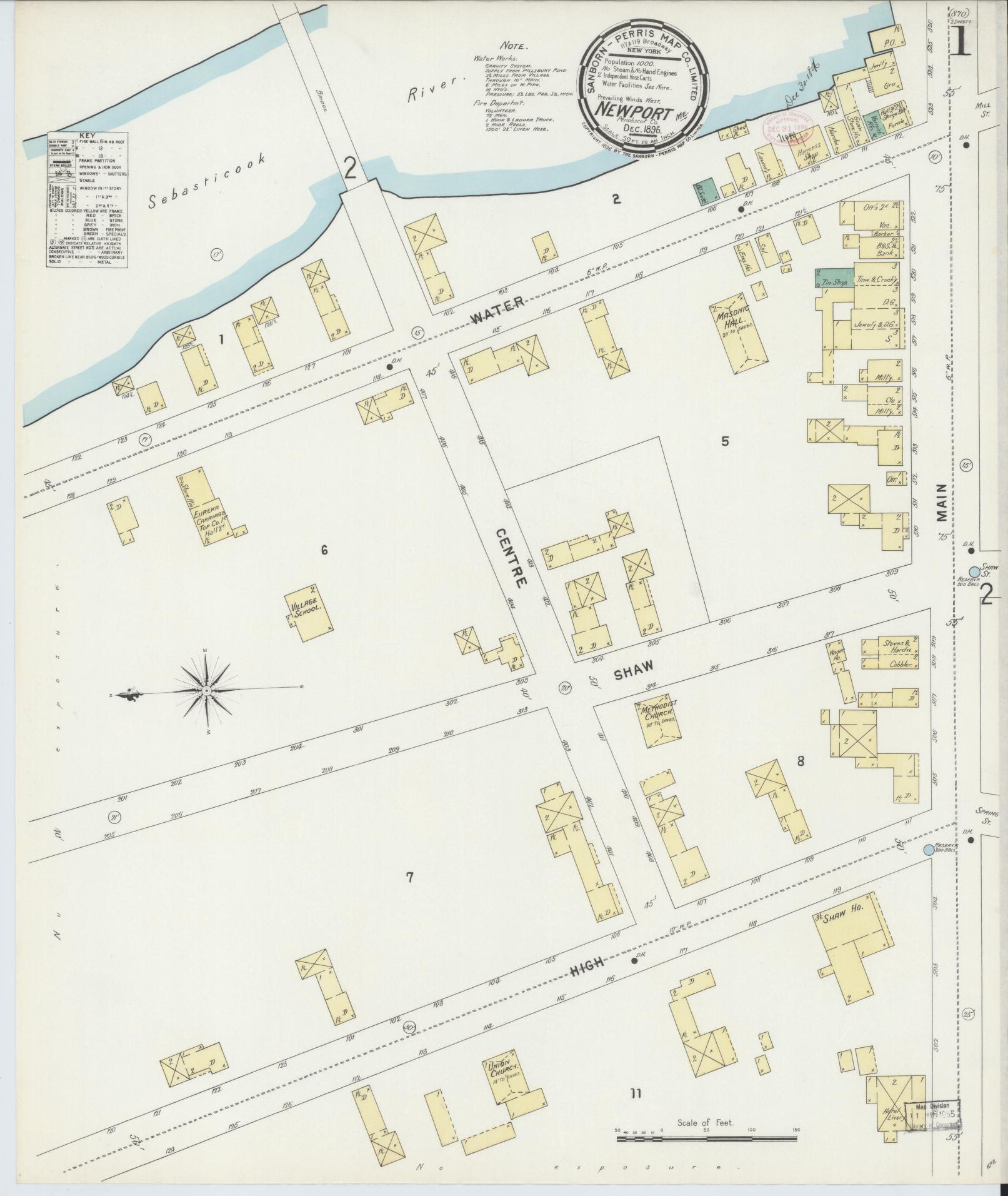 Sanborn Fire Insurance Map from Newport, Penobscot County, Maine (1896), Sheet #0001 - Historic Sanborn Fire Insurance Map Print, vintage old map wall art, antique decor, genealogy gift, Maine Maine map