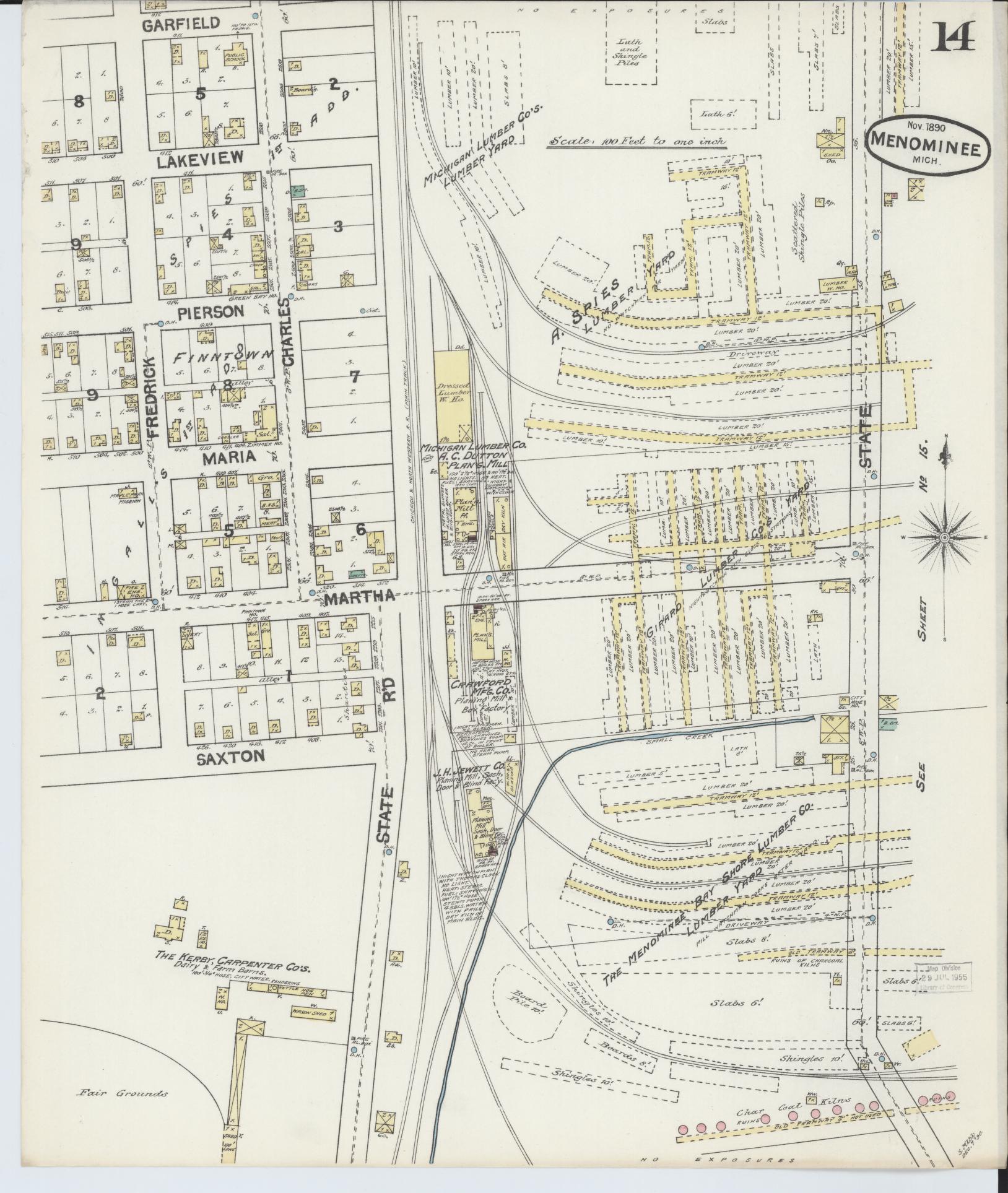 Sanborn Fire Insurance Map from Menominee, Menominee County, Michigan (1890), Sheet #0014 - Historic Sanborn Fire Insurance Map Print, vintage old map wall art, antique decor, genealogy gift, Michigan Michigan map