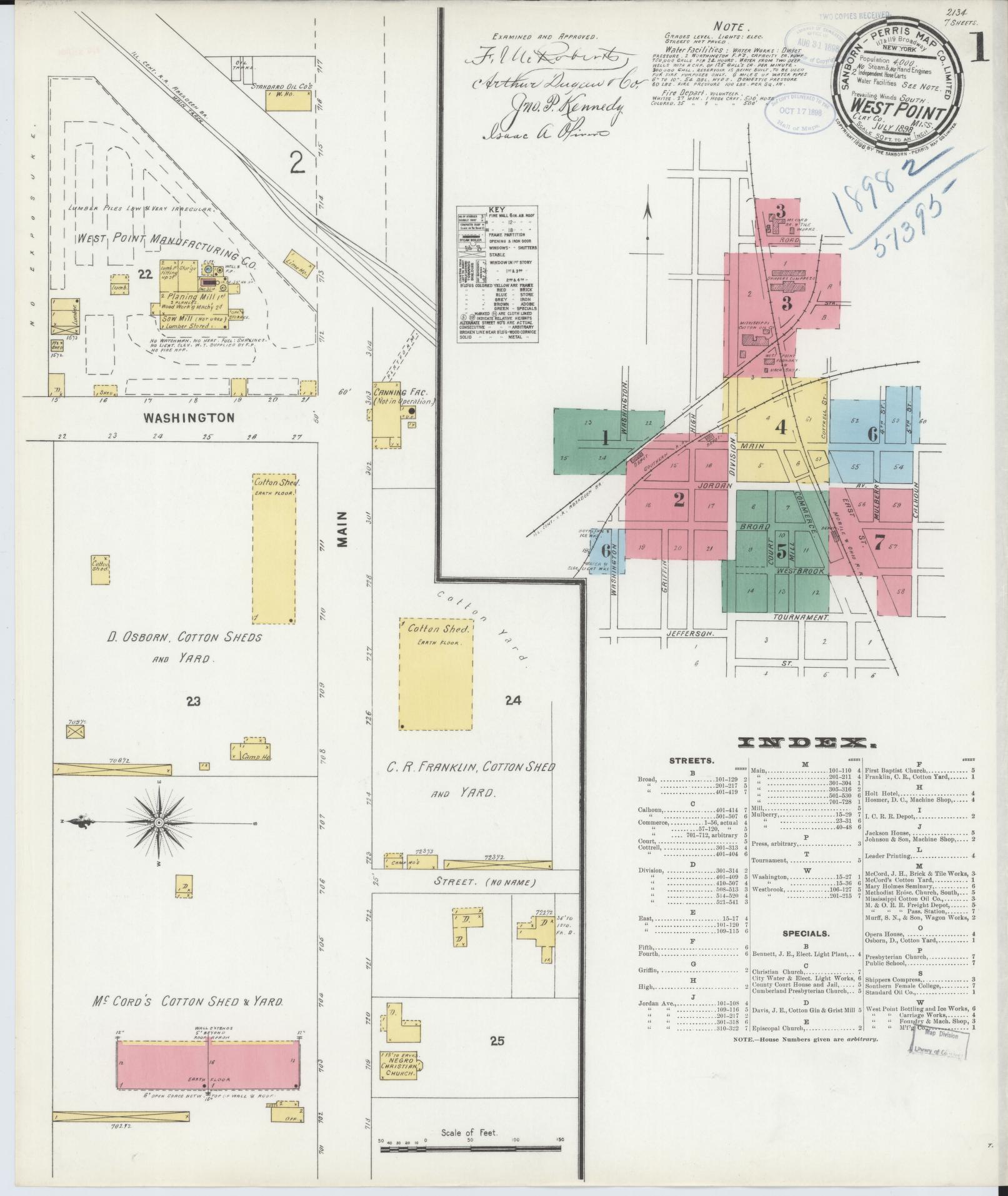 Sanborn Fire Insurance Map from West Point, Clay County, Mississippi (1898), Sheet #0001 - Complete Map Set gallery image, historic Sanborn map, vintage wall art, Mississippi Mississippi