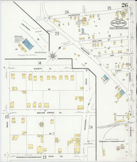 Sanborn Fire Insurance Map from Rutherford, Bergen County, New Jersey (1909), Sheet #0026 - Historic Sanborn Fire Insurance Map Print, vintage old map wall art, antique decor, genealogy gift, New Jersey New Jersey map