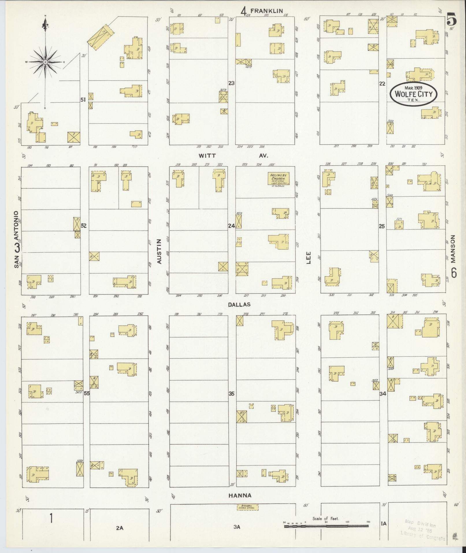Sanborn Fire Insurance Map from Wolfe City, Hunt County, Texas (1909), Sheet #0005 - Complete Map Set gallery image, historic Sanborn map, vintage wall art, Texas Texas