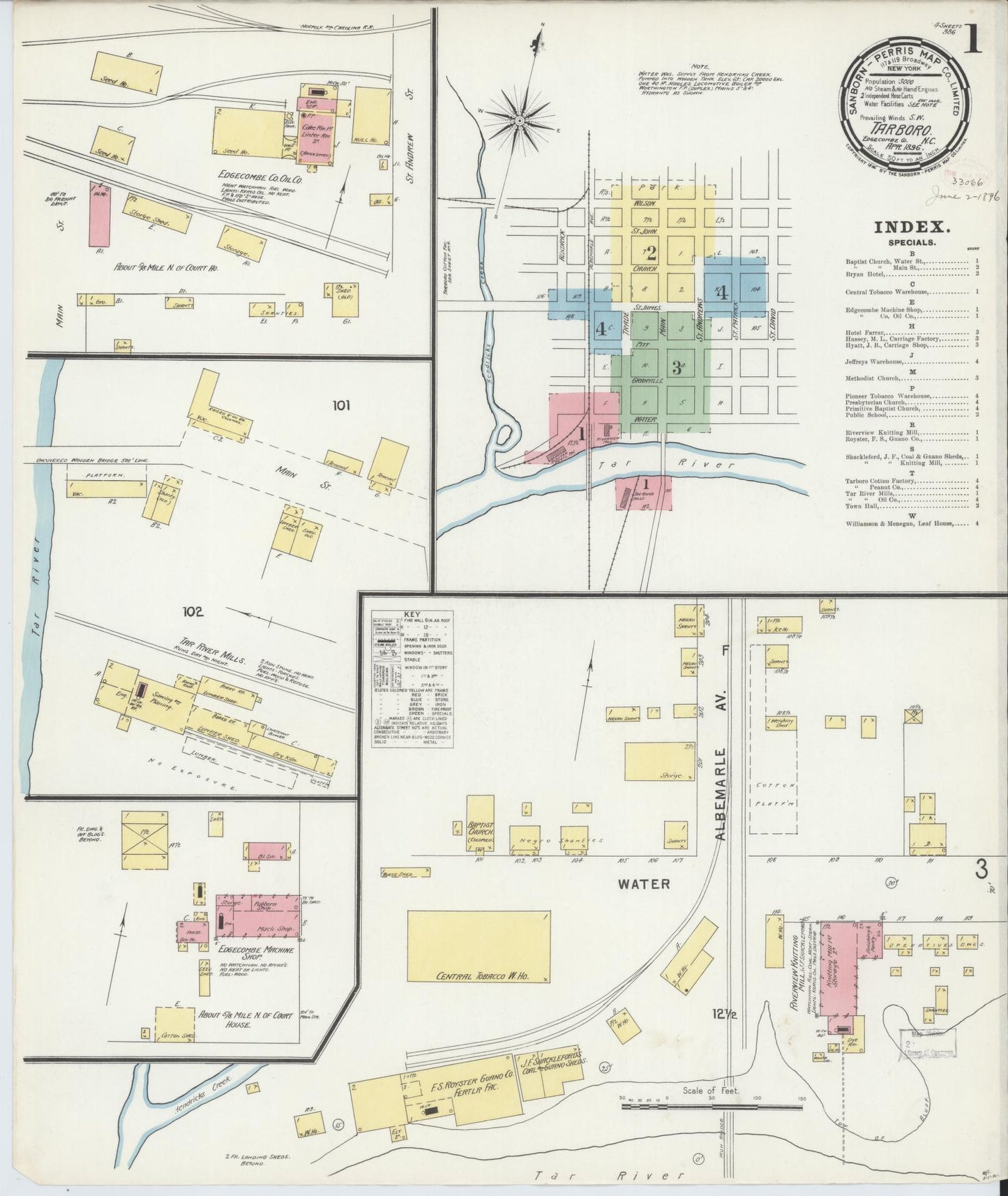 Sanborn Fire Insurance Map from Tarboro, Edgecombe County, North Carolina (1896), Sheet #0001 - Historic Sanborn Fire Insurance Map Print, vintage old map wall art, antique decor, genealogy gift, North Carolina North Carolina map