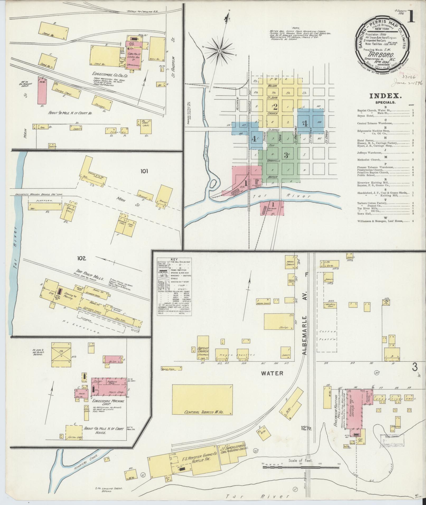 Sanborn Fire Insurance Map from Tarboro, Edgecombe County, North Carolina (1896), Sheet #0001 - Historic Sanborn Fire Insurance Map Print, vintage old map wall art, antique decor, genealogy gift, North Carolina North Carolina map