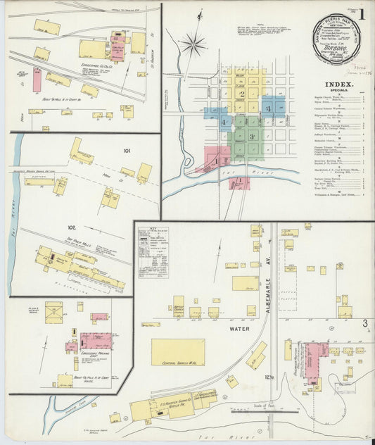 Sanborn Fire Insurance Map from Tarboro, Edgecombe County, North Carolina (1896), Sheet #0001 - Historic Sanborn Fire Insurance Map Print, vintage old map wall art, antique decor, genealogy gift, North Carolina North Carolina map
