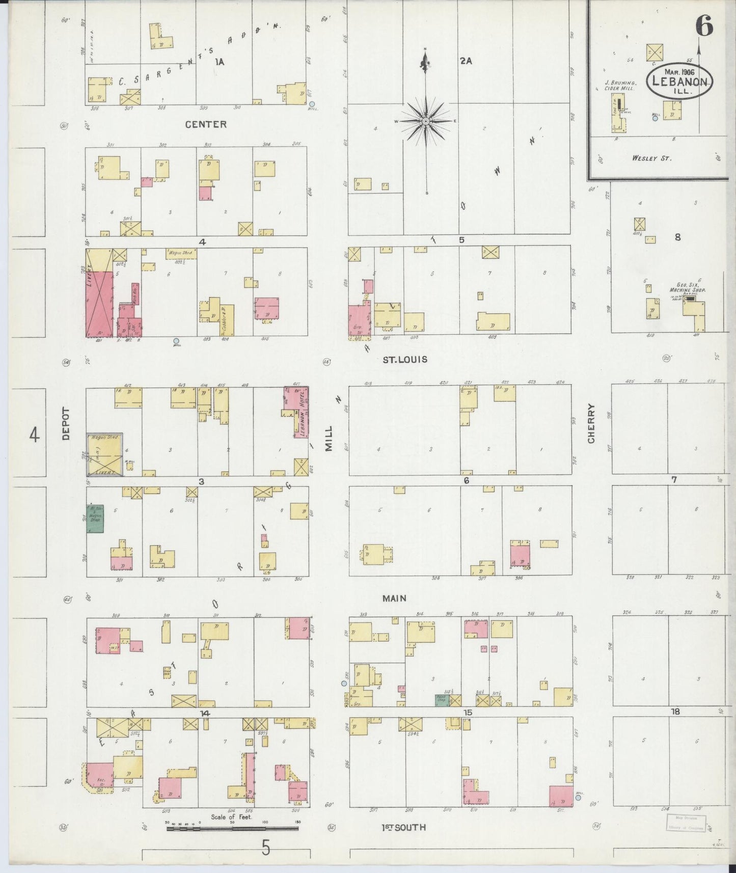 Sanborn Fire Insurance Map from Lebanon, Saint Clair County, Illinois (1906), Sheet #0006 - Complete Map Set gallery image, historic Sanborn map, vintage wall art, Illinois Illinois