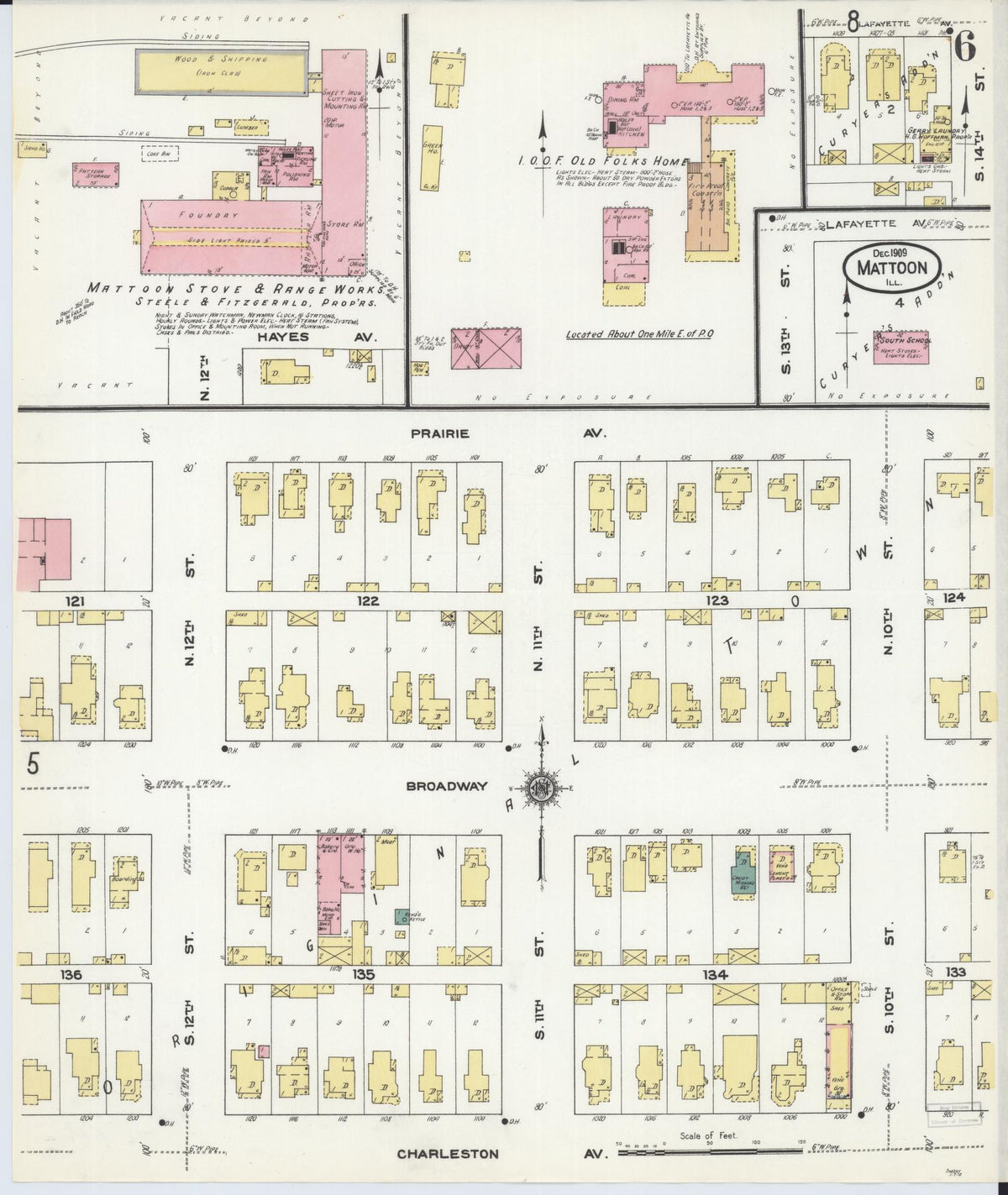 Sanborn Fire Insurance Map from Mattoon, Coles County, Illinois (1909), Sheet #0006 - Historic Sanborn Fire Insurance Map Print, vintage old map wall art, antique decor, genealogy gift, Illinois Illinois map
