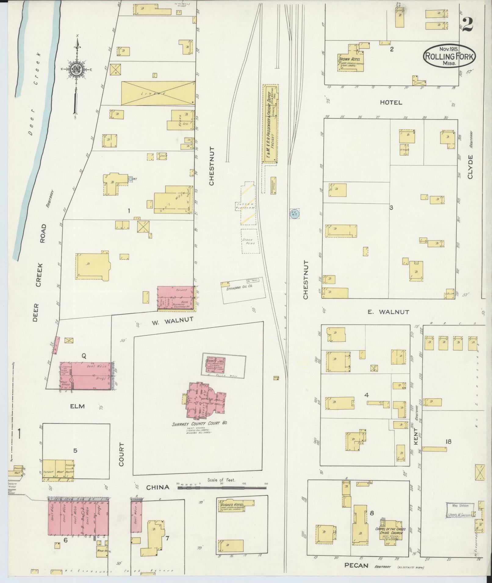 Sanborn Fire Insurance Map from Rolling Fork, Sharkey County, Mississippi (1915), Sheet #0002 - Historic Sanborn Fire Insurance Map Print, vintage old map wall art, antique decor, genealogy gift, Mississippi Mississippi map