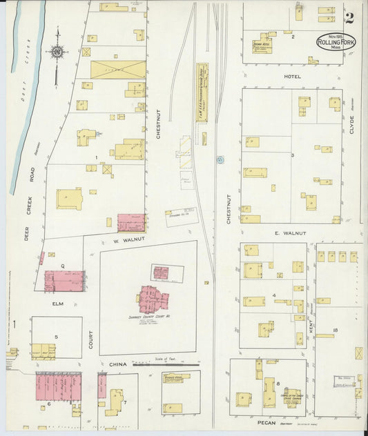 Sanborn Fire Insurance Map from Rolling Fork, Sharkey County, Mississippi (1915), Sheet #0002 - Historic Sanborn Fire Insurance Map Print, vintage old map wall art, antique decor, genealogy gift, Mississippi Mississippi map