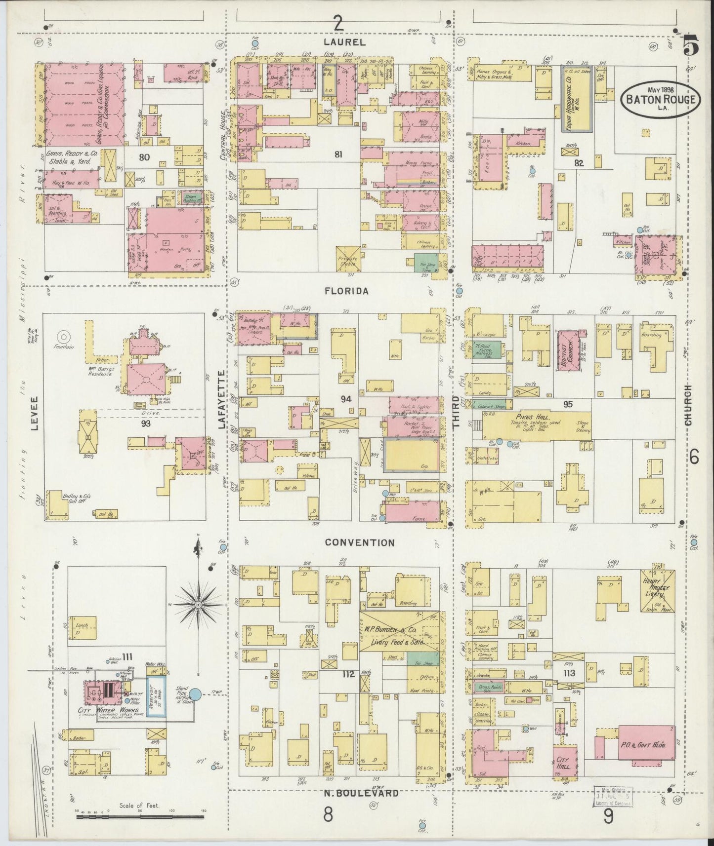 Sanborn Fire Insurance Map from Baton Rouge, East Baton Rouge Parish, Louisiana (1898), Sheet #0005 - Historic Sanborn Fire Insurance Map Print, vintage old map wall art, antique decor, genealogy gift, Louisiana Louisiana map