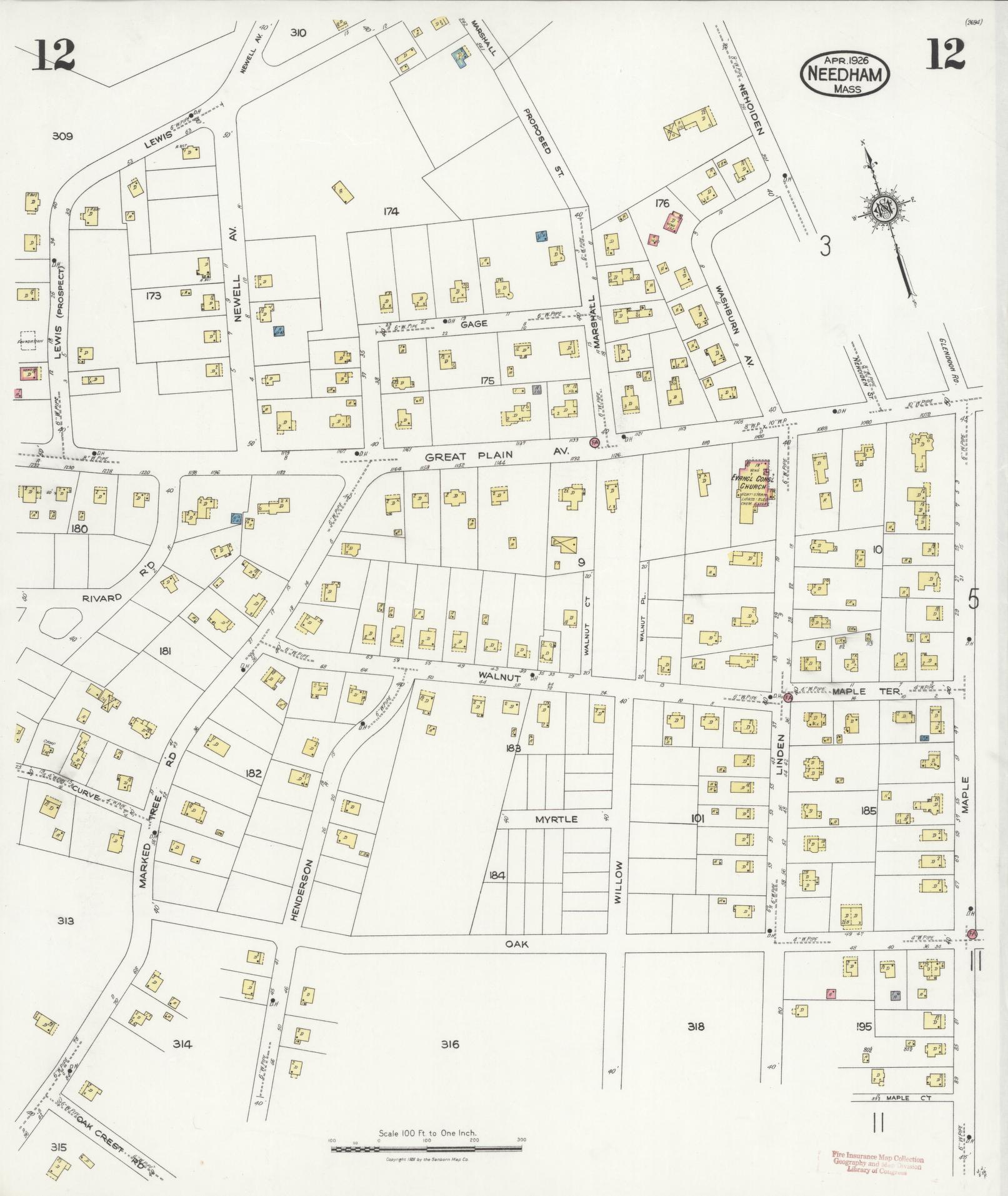 Sanborn Fire Insurance Map from Needham, Norfolk County, Massachusetts (1926), Sheet #0012 - Complete Map Set gallery image, historic Sanborn map, vintage wall art, Massachusetts Massachusetts