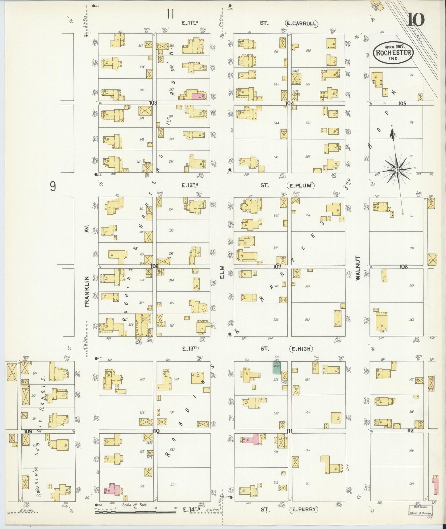 Sanborn Fire Insurance Map from Rochester, Fulton County, Indiana (1907), Sheet #0010 - Historic Sanborn Fire Insurance Map Print, vintage old map wall art, antique decor, genealogy gift, Indiana Indiana map