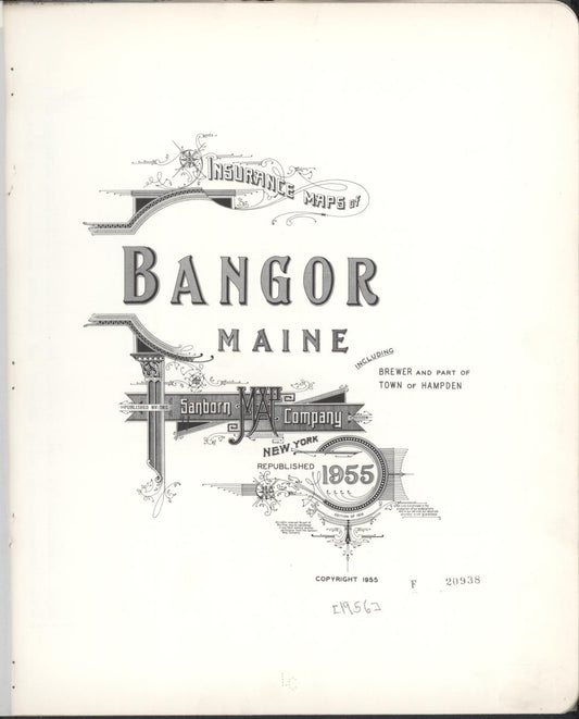 Sanborn Fire Insurance Map from Bangor, Penobscot County, Maine (1955), Sheet #0001 - Historic Sanborn Fire Insurance Map Print, vintage old map wall art, antique decor, genealogy gift, Maine Maine map