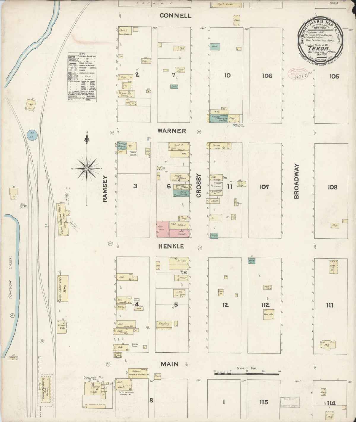 Sanborn Fire Insurance Map from Tekoa, Whitman County, Washington (1890), Sheet #0001 - Historic Sanborn Fire Insurance Map Print, vintage old map wall art, antique decor, genealogy gift, Washington Washington map