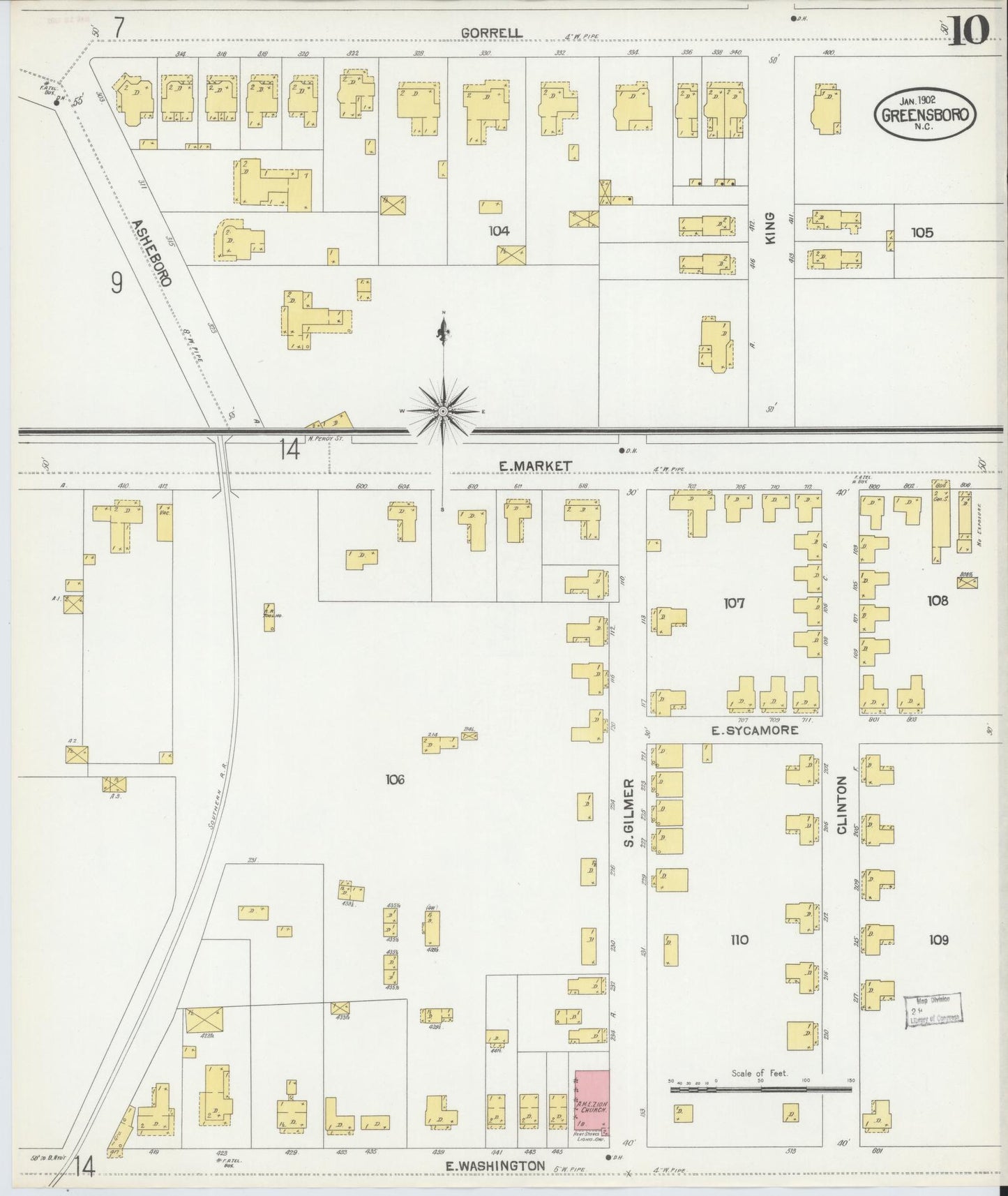 Sanborn Fire Insurance Map from Greensboro, Guilford County, North Carolina (1902), Sheet #0010 - Complete Map Set gallery image, historic Sanborn map, vintage wall art, North Carolina North Carolina