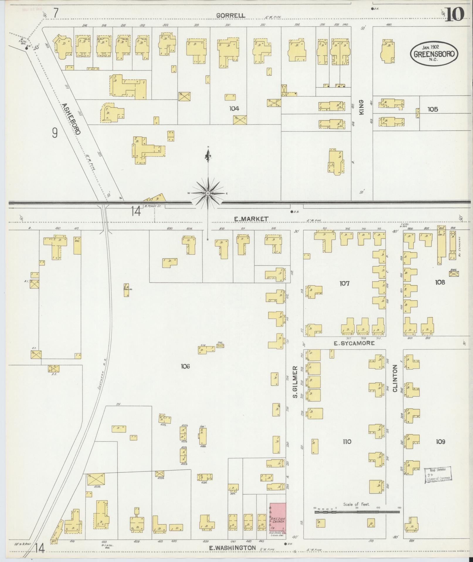 Sanborn Fire Insurance Map from Greensboro, Guilford County, North Carolina (1902), Sheet #0010 - Complete Map Set gallery image, historic Sanborn map, vintage wall art, North Carolina North Carolina
