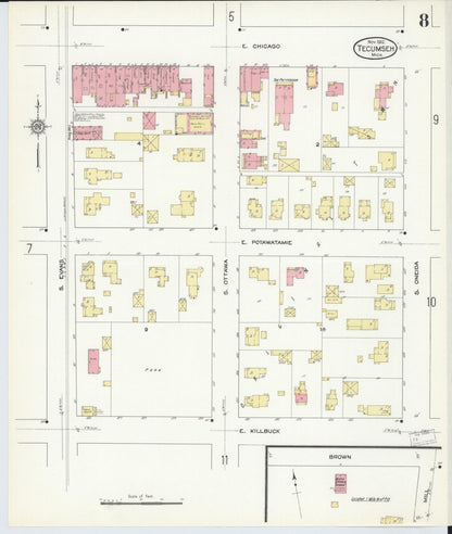 Sanborn Fire Insurance Map from Tecumseh, Lenawee County, Michigan (1912), Sheet #0008 - Historic Sanborn Fire Insurance Map Print, vintage old map wall art, antique decor, genealogy gift, Michigan Michigan map