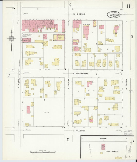 Sanborn Fire Insurance Map from Tecumseh, Lenawee County, Michigan (1912), Sheet #0008 - Historic Sanborn Fire Insurance Map Print, vintage old map wall art, antique decor, genealogy gift, Michigan Michigan map