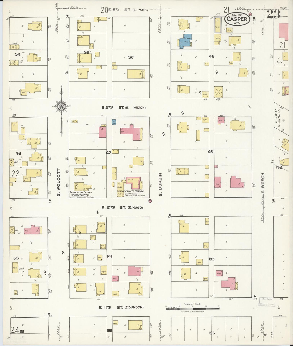 Sanborn Fire Insurance Map from Casper, Natrona County, Wyoming (1921), Sheet #0024 - Historic Sanborn Fire Insurance Map Print, vintage old map wall art, antique decor, genealogy gift, Wyoming Wyoming map