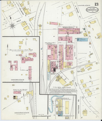 Sanborn Fire Insurance Map from Edwardsville, Madison County, Illinois (1909), Sheet #0013 - Historic Sanborn Fire Insurance Map Print, vintage old map wall art, antique decor, genealogy gift, Illinois Illinois map