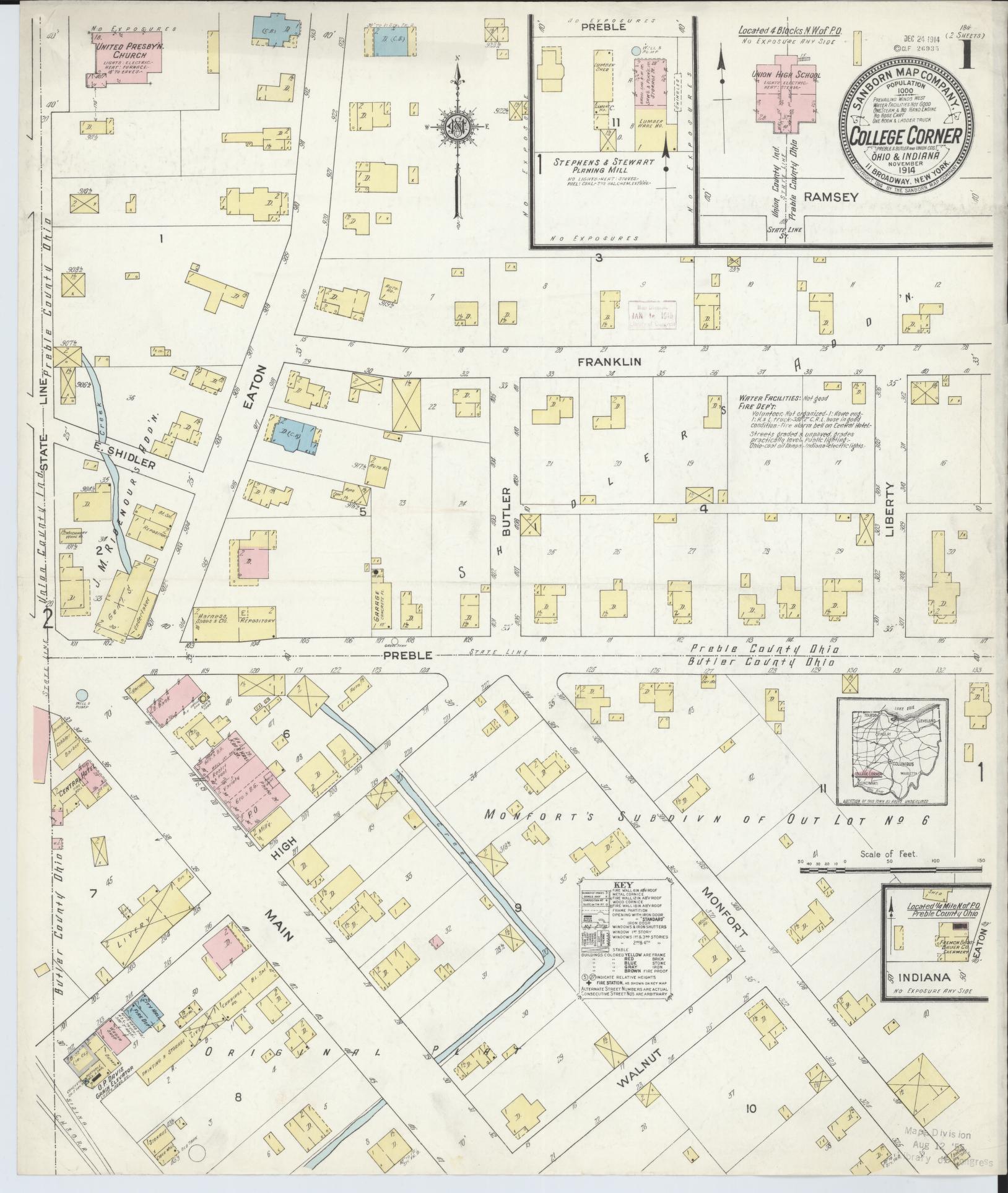 Sanborn Fire Insurance Map from College Corner, Preble And Butler, Ohio (1914), Sheet #0001 - Complete Map Set gallery image, historic Sanborn map, vintage wall art, Ohio Ohio