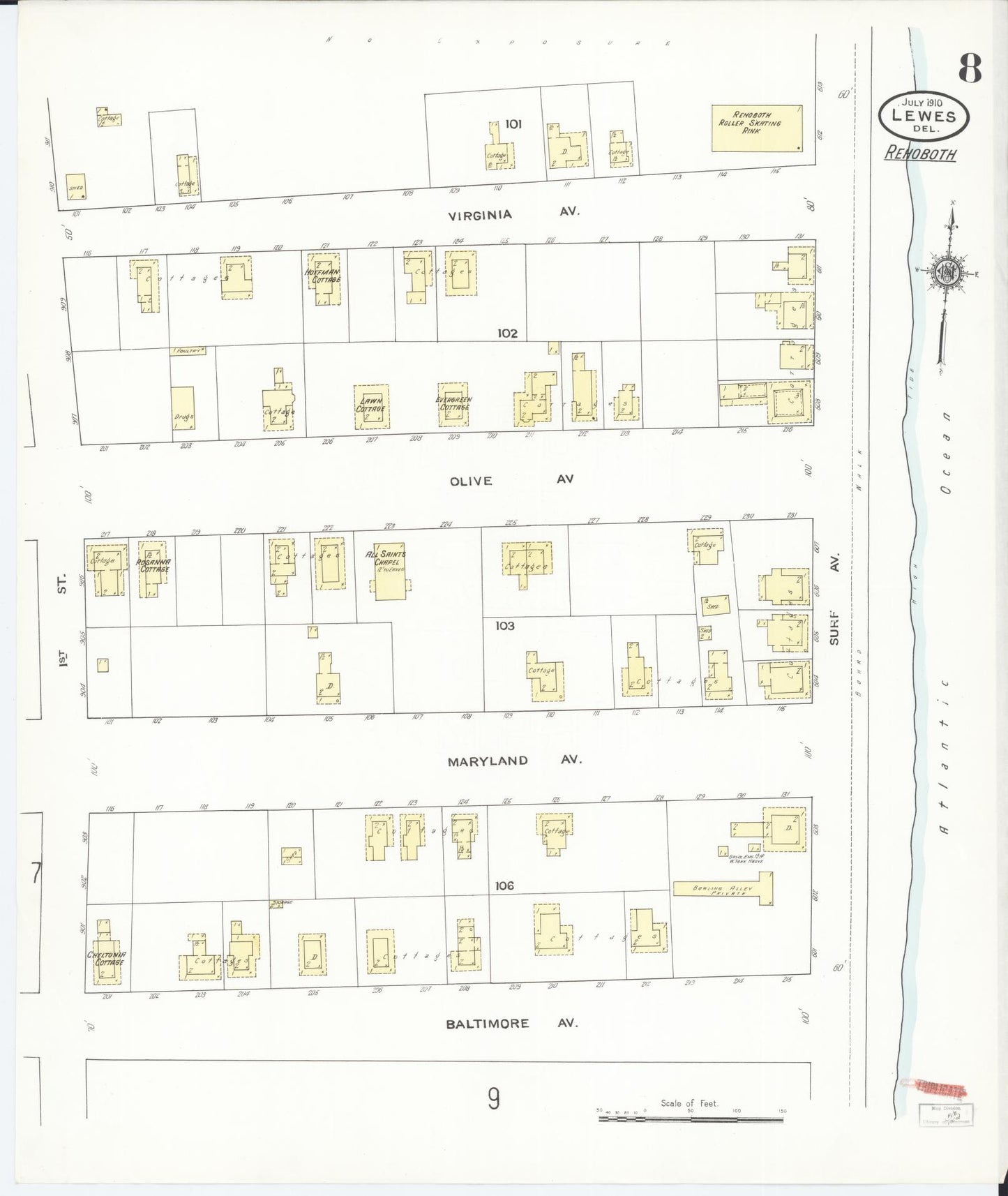 Sanborn Fire Insurance Map from Lewes, Sussex County, Delaware (1910), Sheet #0008 - Complete Map Set gallery image, historic Sanborn map, vintage wall art, Delaware Delaware