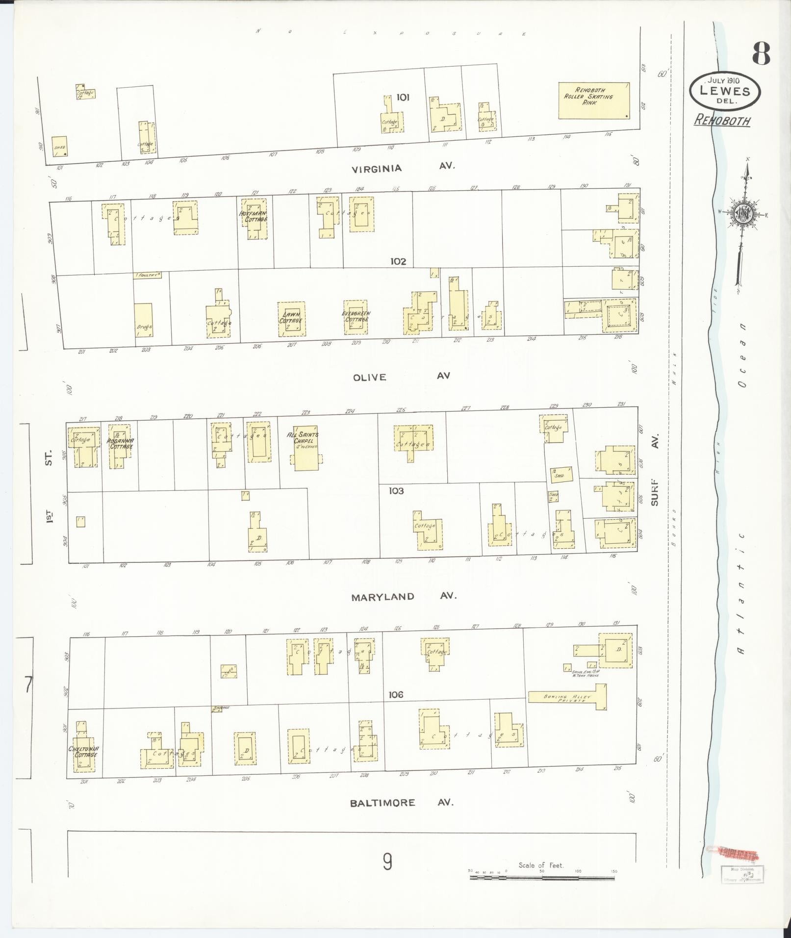 Sanborn Fire Insurance Map from Lewes, Sussex County, Delaware (1910), Sheet #0008 - Complete Map Set gallery image, historic Sanborn map, vintage wall art, Delaware Delaware