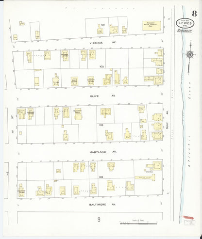 Sanborn Fire Insurance Map from Lewes, Sussex County, Delaware (1910), Sheet #0008 - Complete Map Set gallery image, historic Sanborn map, vintage wall art, Delaware Delaware