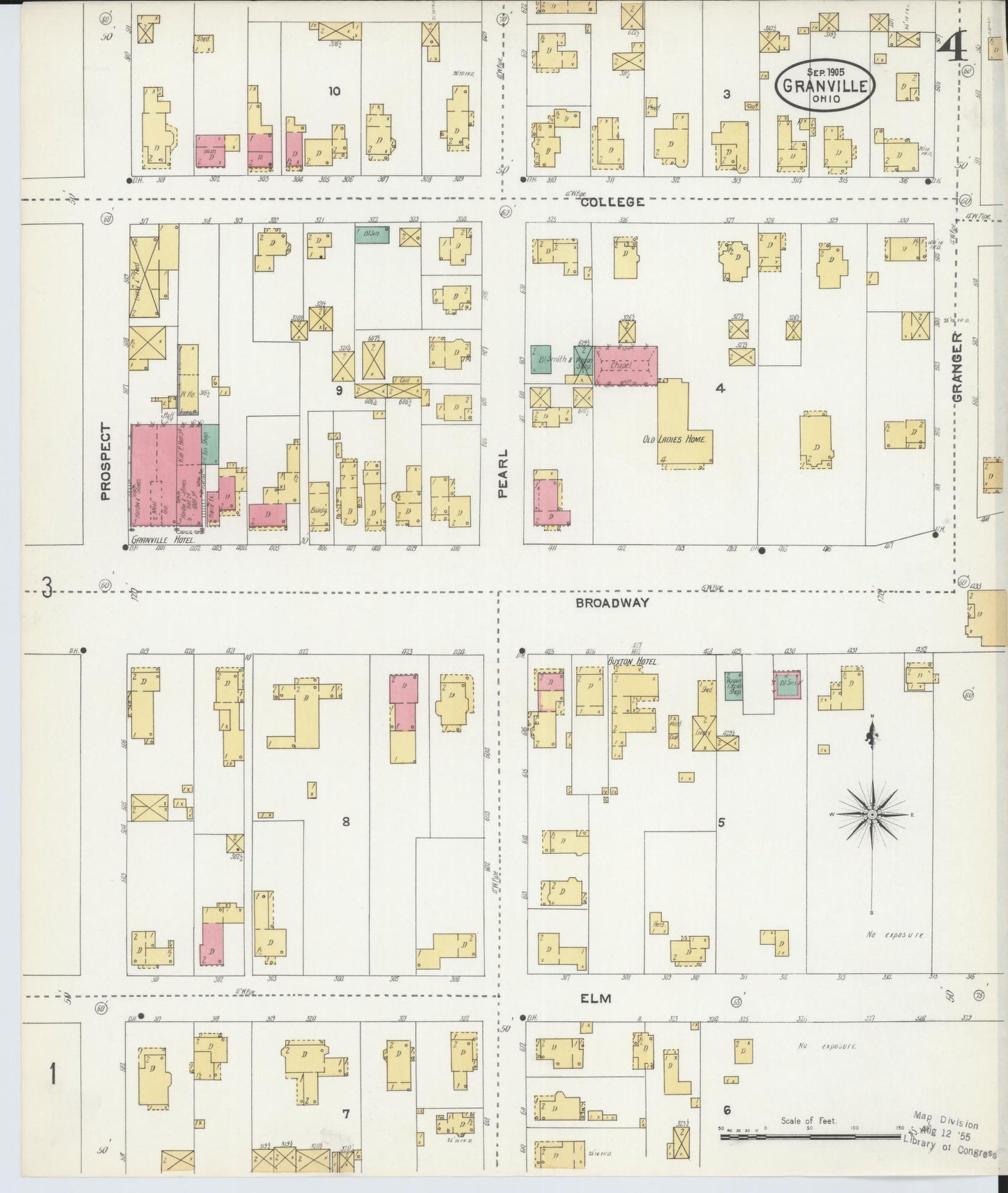 Sanborn Fire Insurance Map from Granville, Licking County, Ohio (1905), Sheet #0004 - Historic Sanborn Fire Insurance Map Print, vintage old map wall art, antique decor, genealogy gift, Ohio Ohio map