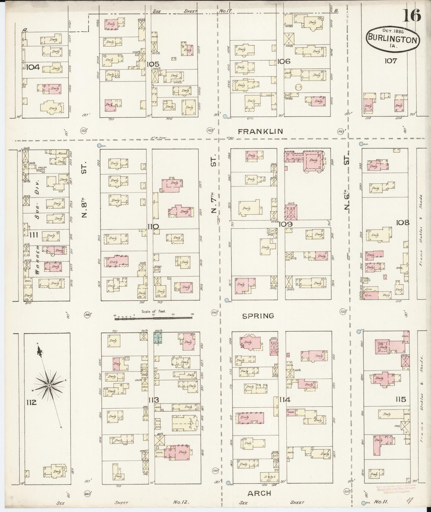 Sanborn Fire Insurance Map from Burlington, Des Moines County, Iowa (1888), Sheet #0016 - Historic Sanborn Fire Insurance Map Print, vintage old map wall art
