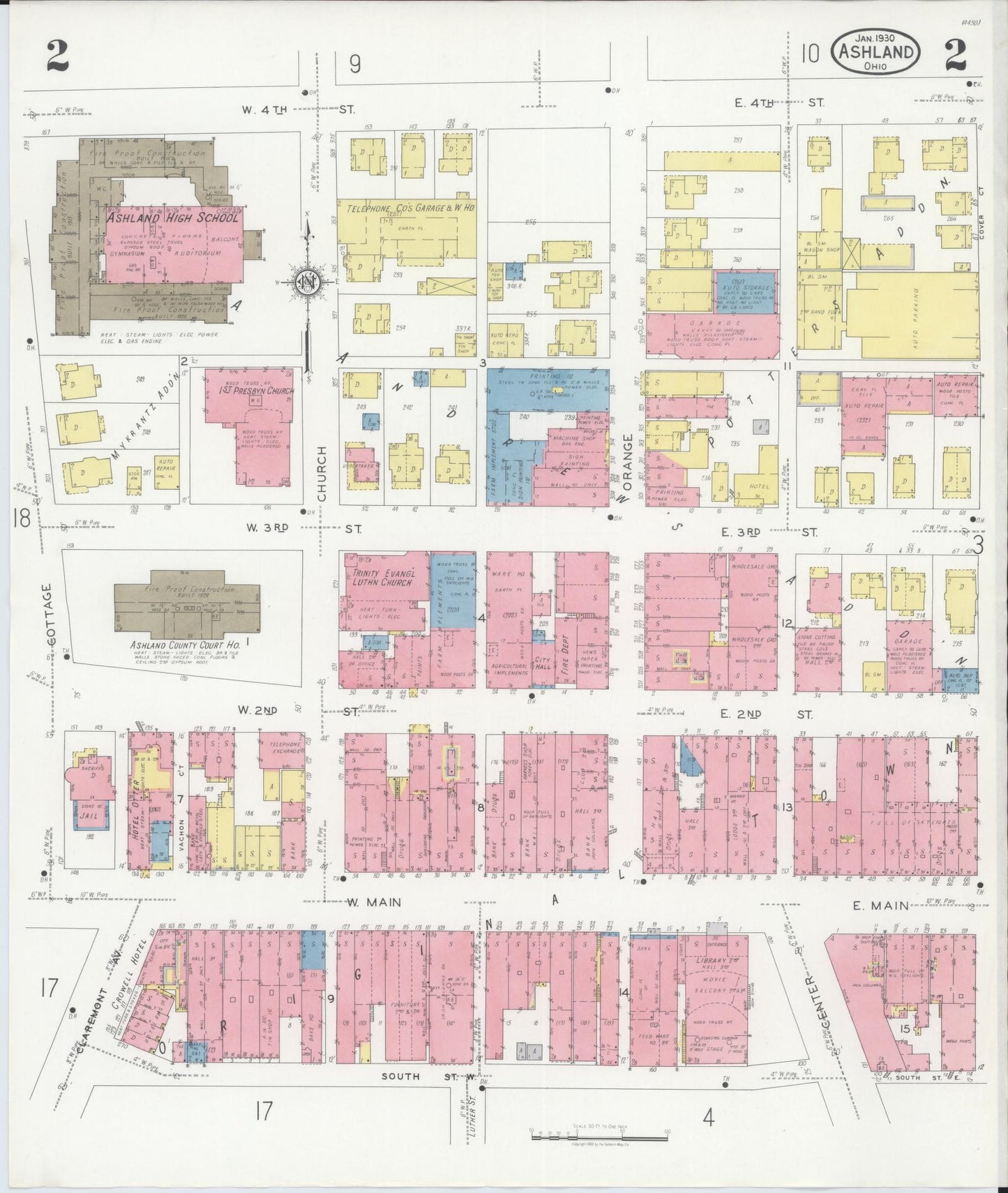 Sanborn Fire Insurance Map from Ashland, Ashland County, Ohio (1930), Sheet #0002 - Historic Sanborn Fire Insurance Map Print, vintage old map wall art, antique decor, genealogy gift, Ohio Ohio map