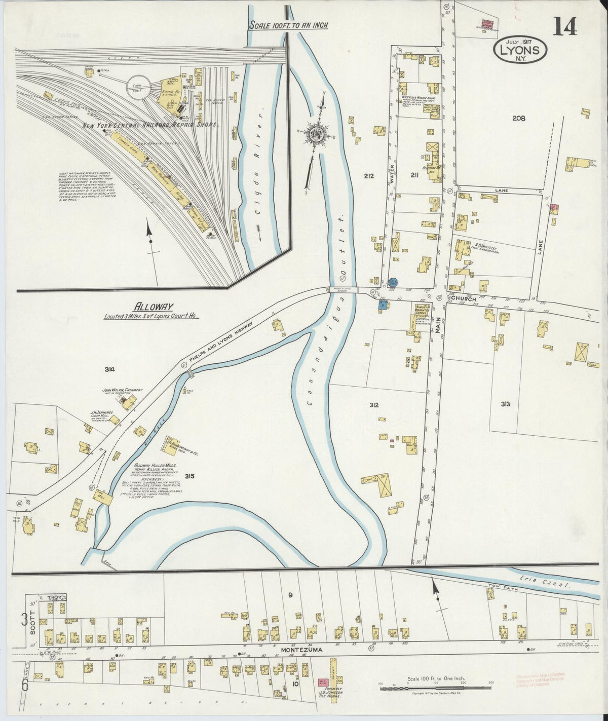 Sanborn Fire Insurance Map from Lyons, Wayne County, New York (1917), Sheet #0014 - Historic Sanborn Fire Insurance Map Print, vintage old map wall art, antique decor, genealogy gift, New York New York map