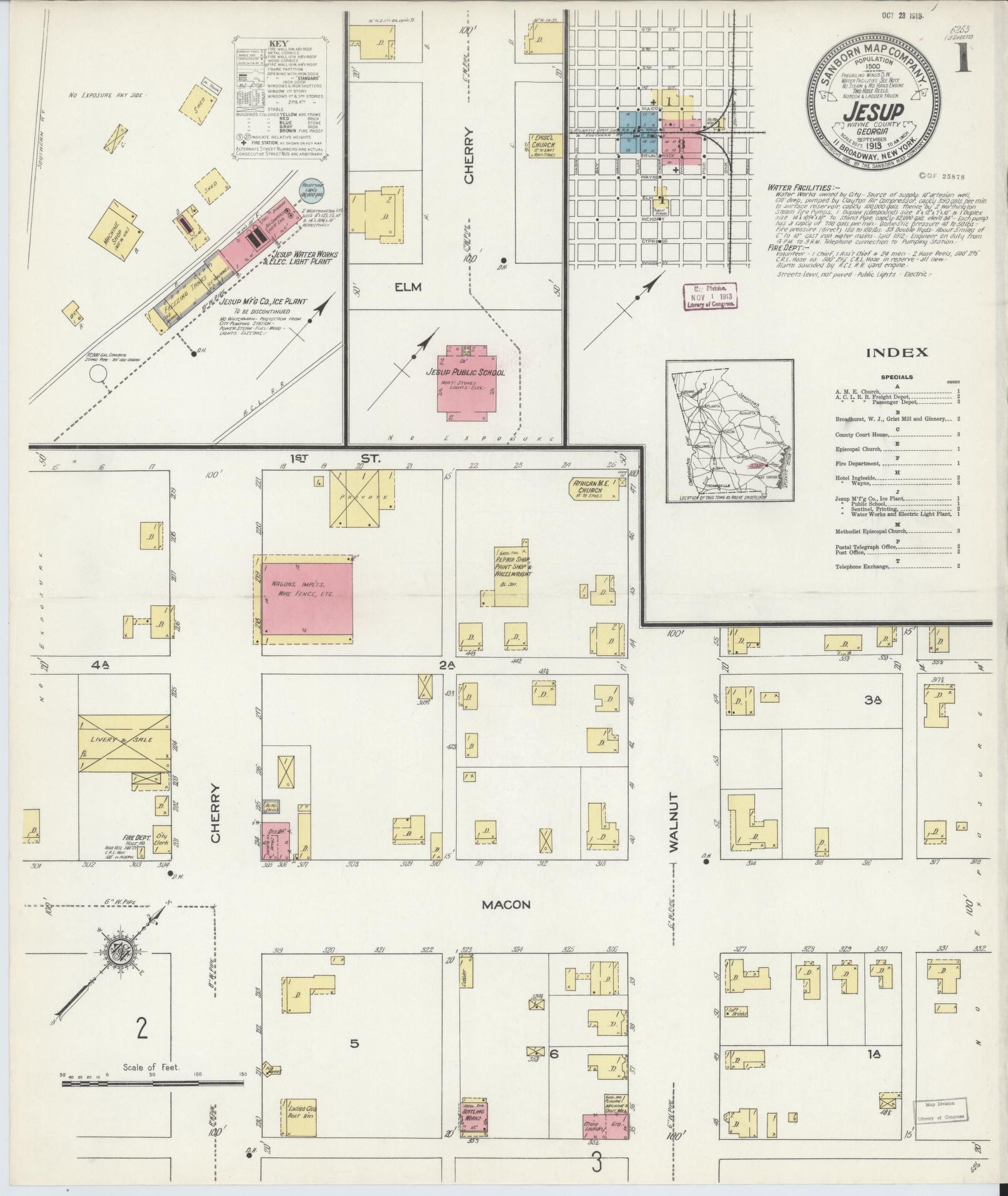 Sanborn Fire Insurance Map from Jesup, Wayne County, Georgia (1913), Sheet #0001 - Complete Map Set gallery image, historic Sanborn map, vintage wall art, Georgia Georgia