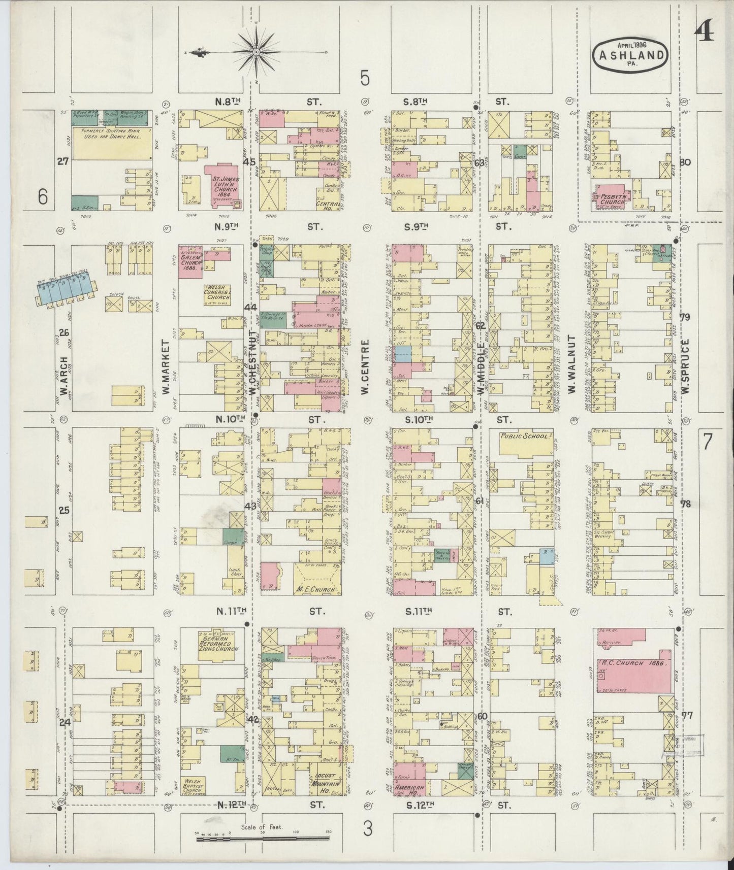 Sanborn Fire Insurance Map from Ashland, Schuylkill County, Pennsylvania (1896), Sheet #0004 - Historic Sanborn Fire Insurance Map Print, vintage old map wall art, antique decor, genealogy gift, Pennsylvania Pennsylvania map