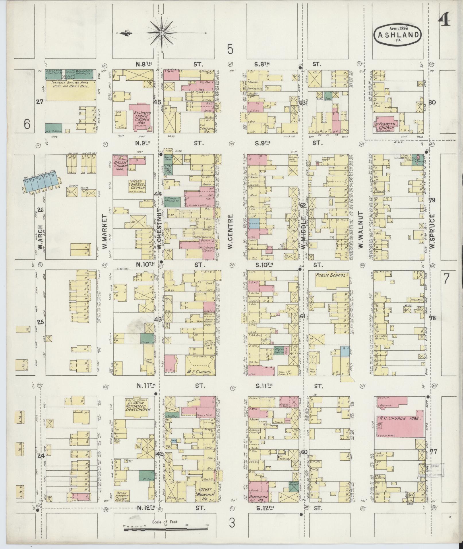 Sanborn Fire Insurance Map from Ashland, Schuylkill County, Pennsylvania (1896), Sheet #0004 - Historic Sanborn Fire Insurance Map Print, vintage old map wall art, antique decor, genealogy gift, Pennsylvania Pennsylvania map