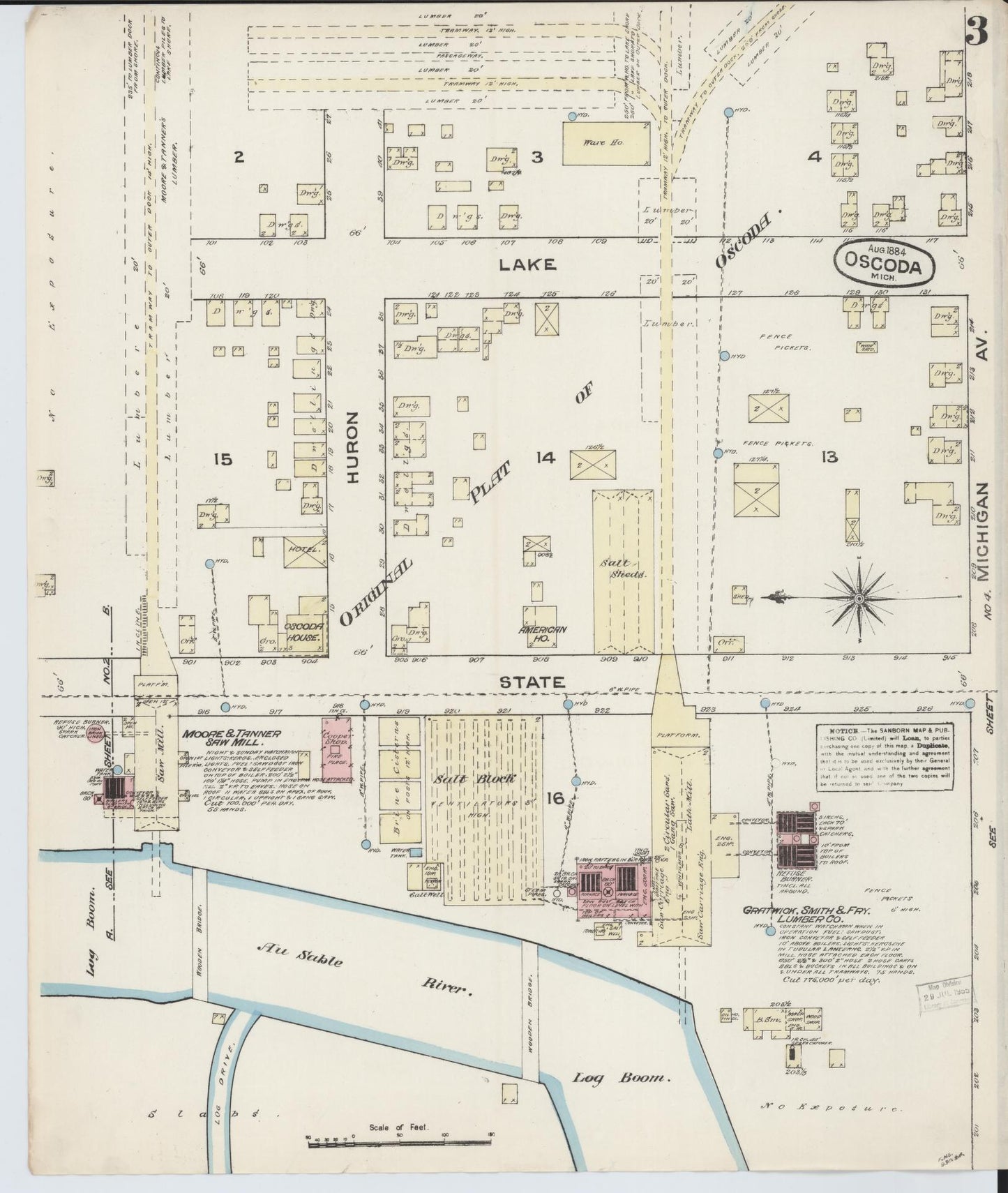 Sanborn Fire Insurance Map from Oscoda, Iosco County, Michigan (1884), Sheet #0003 - Historic Sanborn Fire Insurance Map Print, vintage old map wall art, antique decor, genealogy gift, Michigan Michigan map