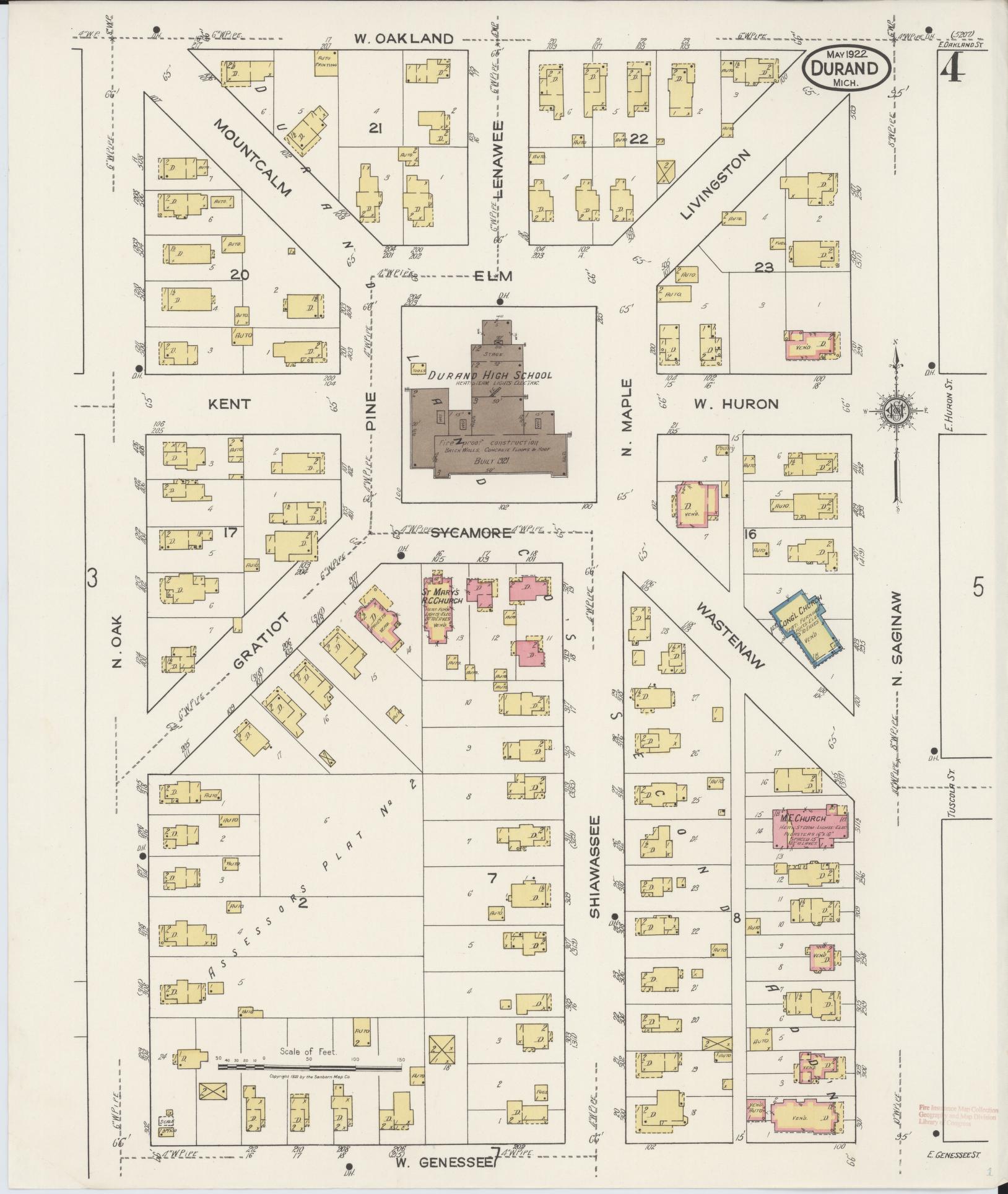 Sanborn Fire Insurance Map from Durand, Shiawassee County, Michigan (1922), Sheet #0004 - Complete Map Set gallery image, historic Sanborn map, vintage wall art, Michigan Michigan