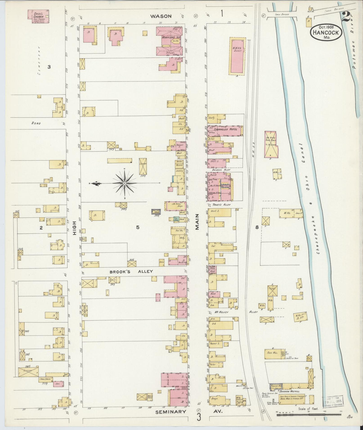 Sanborn Fire Insurance Map from Hancock, Washington County, Maryland (1908), Sheet #0002 - Historic Sanborn Fire Insurance Map Print, vintage old map wall art, antique decor, genealogy gift, Maryland Maryland map
