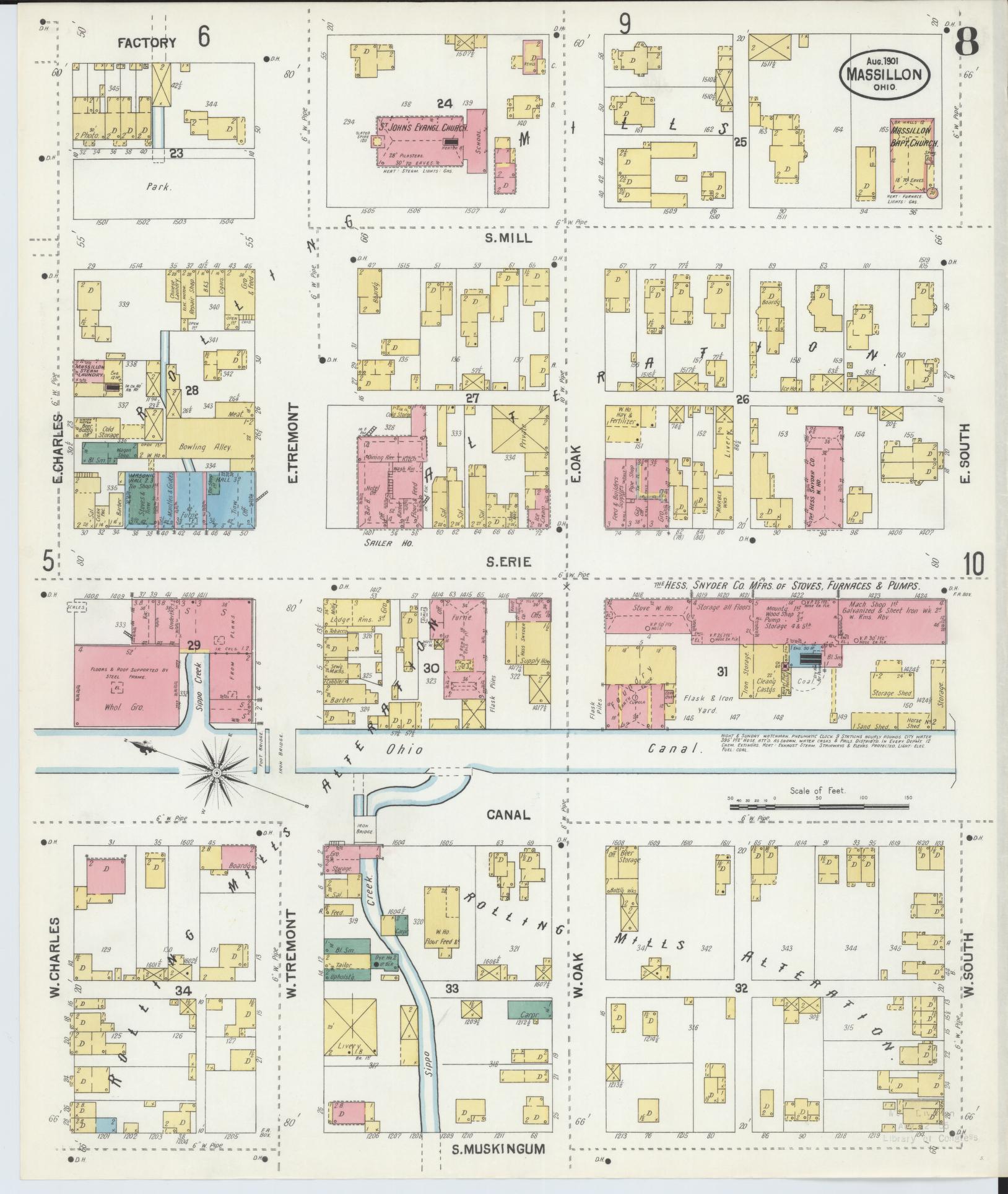 Sanborn Fire Insurance Map from Massillon, Stark County, Ohio (1901), Sheet #0008 - Historic Sanborn Fire Insurance Map Print, vintage old map wall art, antique decor, genealogy gift, Ohio Ohio map