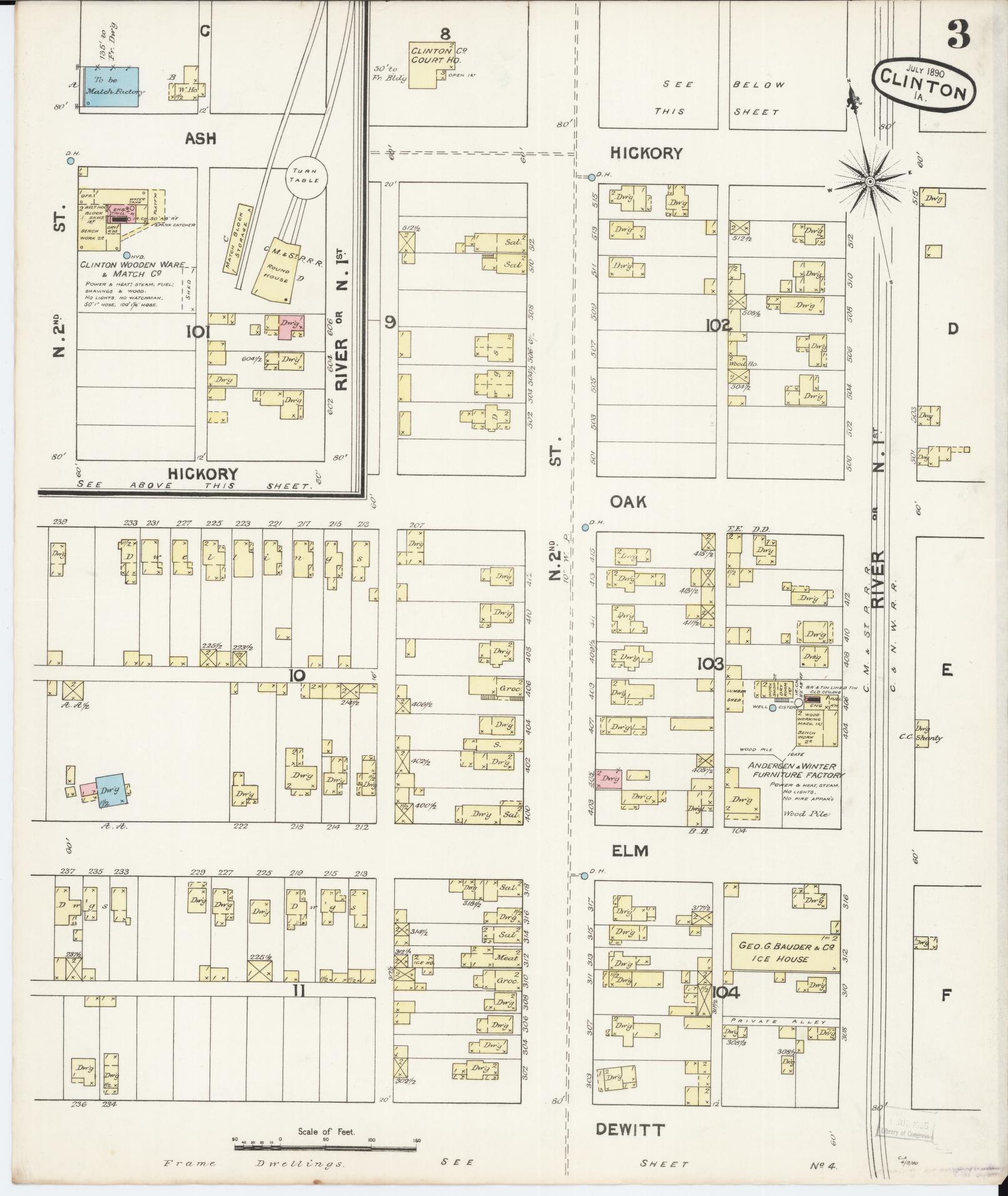 Sanborn Fire Insurance Map from Clinton, Clinton County, Iowa (1890), Sheet #0003 - Historic Sanborn Fire Insurance Map Print, vintage old map wall art