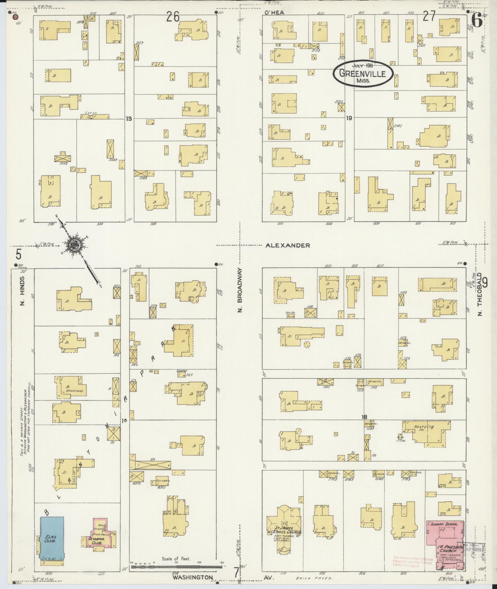 Sanborn Fire Insurance Map from Greenville, Washington County, Mississippi (1911), Sheet #0006 - Historic Sanborn Fire Insurance Map Print, vintage old map wall art, antique decor, genealogy gift, Mississippi Mississippi map