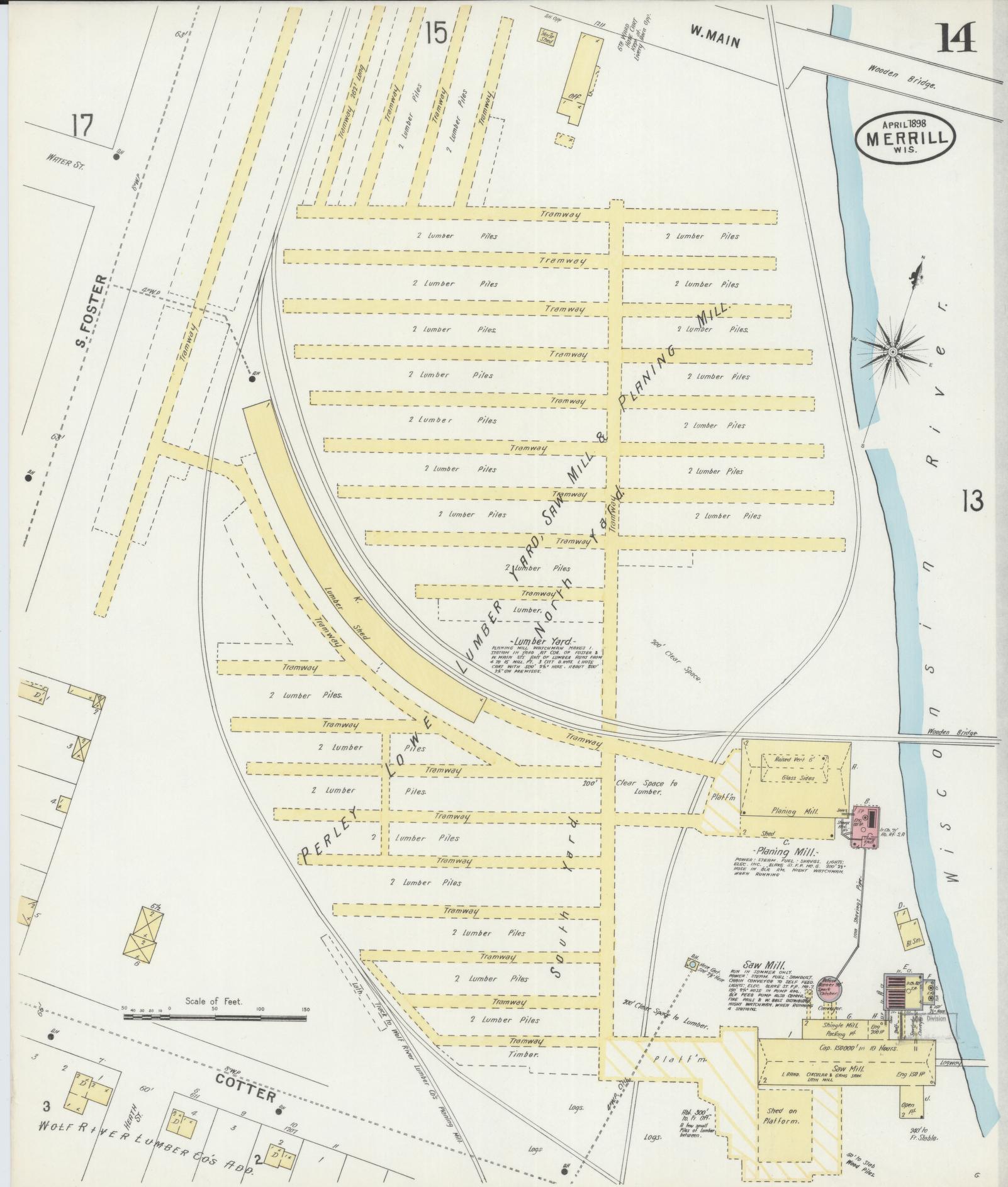 Sanborn Fire Insurance Map from Merrill, Lincoln County, Wisconsin (1898), Sheet #0014 - Historic Sanborn Fire Insurance Map Print, vintage old map wall art, antique decor, genealogy gift, Wisconsin Wisconsin map