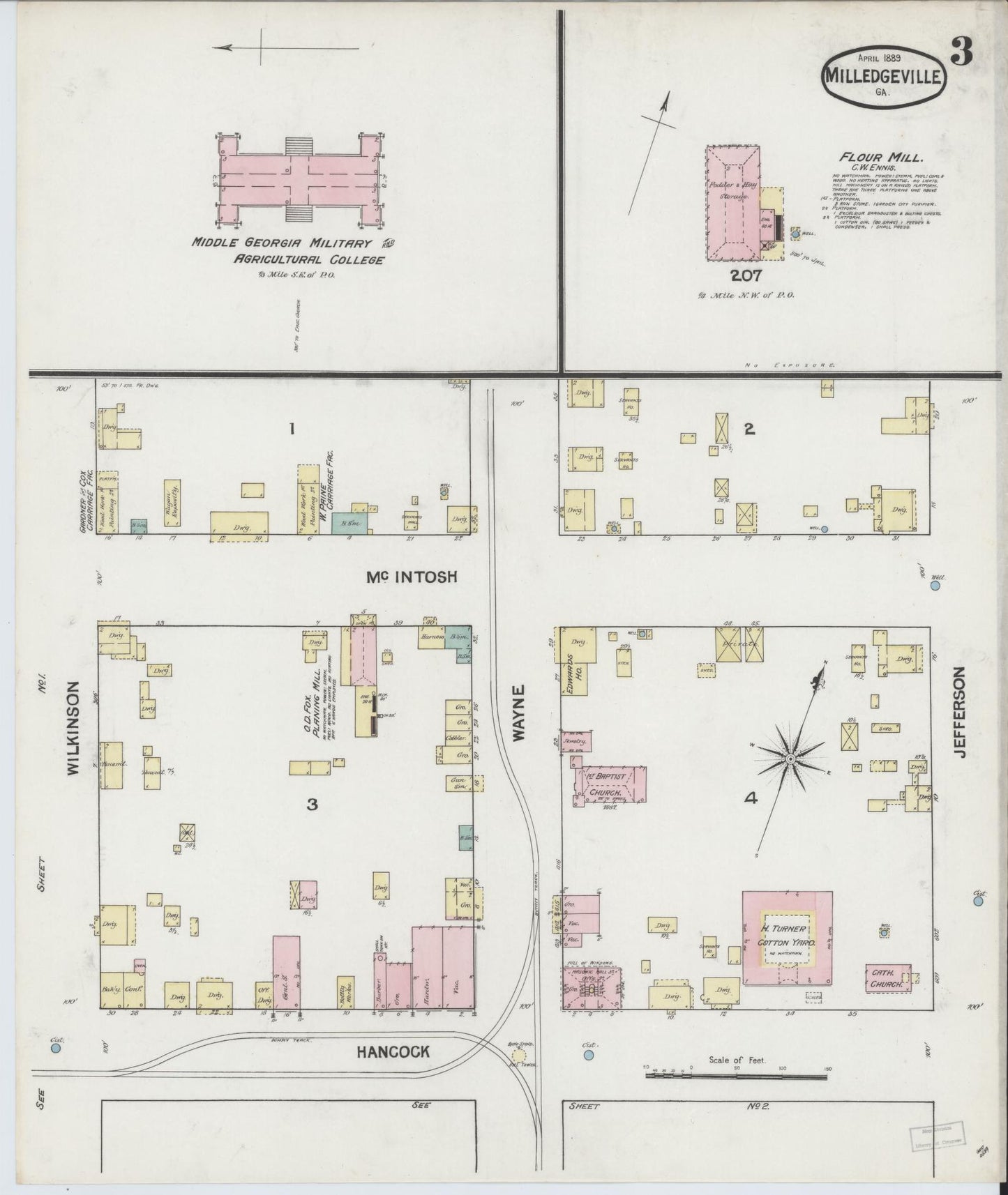 Sanborn Fire Insurance Map from Milledgeville, Baldwin County, Georgia (1889), Sheet #0003 - Complete Map Set gallery image, historic Sanborn map, vintage wall art, Georgia Georgia